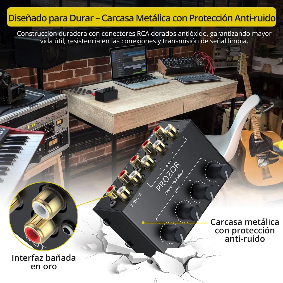 PROZOR Mezclador de Audio Estéreo Pasivo Mini 4 Canales RCA - Mezclador Compacto sin Fuente para DJ y Home Studio, Control de Volumen Independiente, Conexión Dorada, Diseño Portátil y Metal Duradero