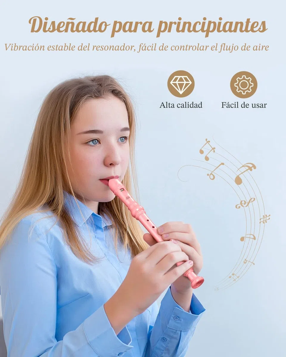 Eastar Flauta de pico soprano para principiantes, niños, instrumento de flauta de pico alemán en do, soporte para el pulgar, bolsa de algodón, tabla de dedos, rosa claro, ERS-21GP.