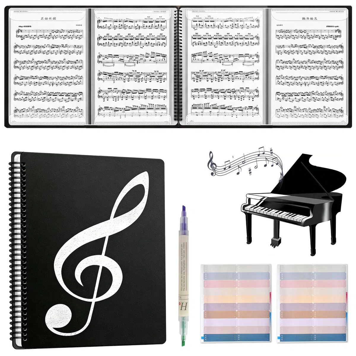 Carpeta Plegable para Partituras A4 de 4 Lados, Carpeta de Archivos de Música, 20 Compartimentos/40 Páginas, Carpeta de Partituras de Piano Trae una Pegatina índice, Carpeta Fundas Plastico A4