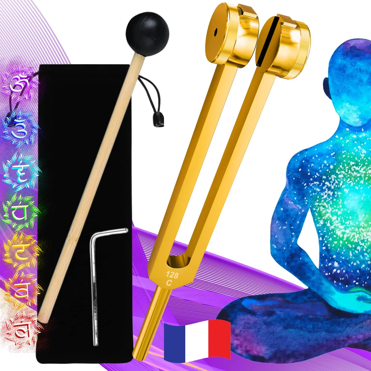 Diapasón terapéutico 128hz profesional de aluminio dorado, utilizado para el yoga meditación terapia de sonido, instrumento con martillo y estuche de almacenamiento incluido