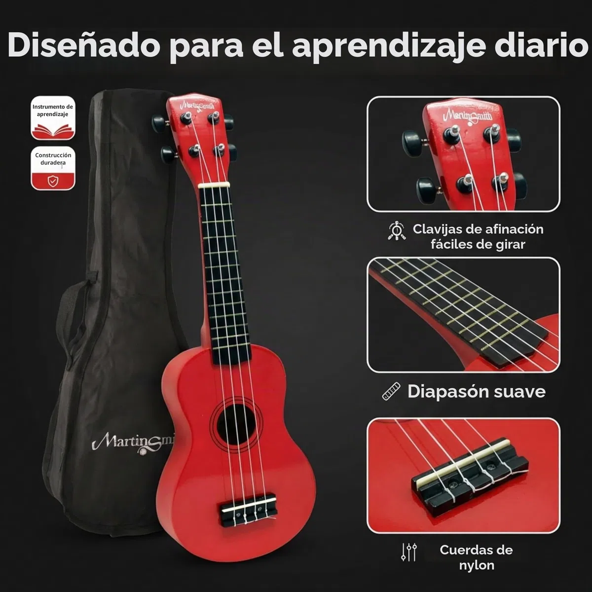 Martin Smith UK212-RD Ukelele Soprano Ukulele con Bolsa - Rojo, 21" Full Size Soprano