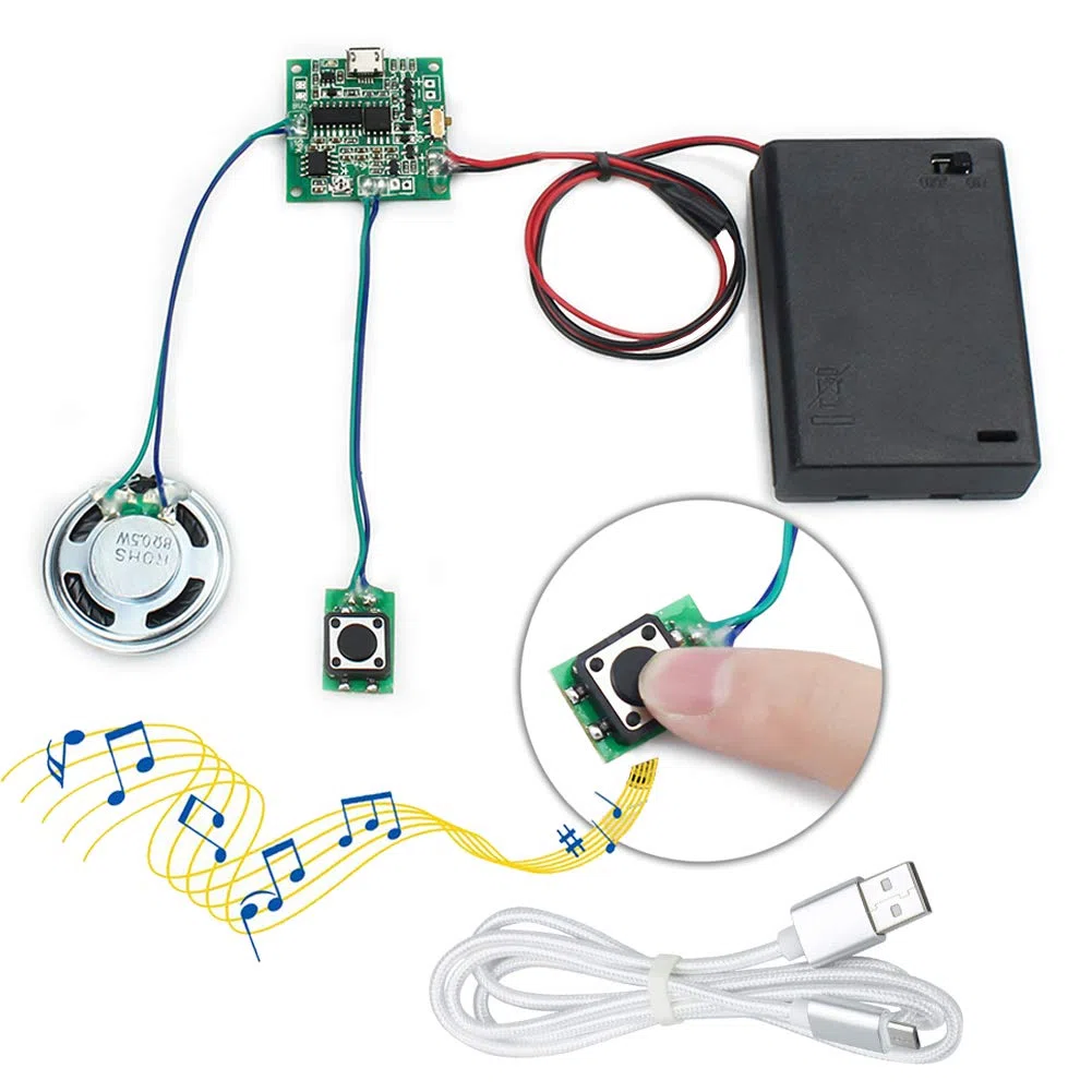 Módulo de Sonido Grabable Control de Botón 8MB MP3 WAV Música Reproductor Voz Chip con Caja de Batería AA y Micro Cable USB para Música DIY Regalo Creativo