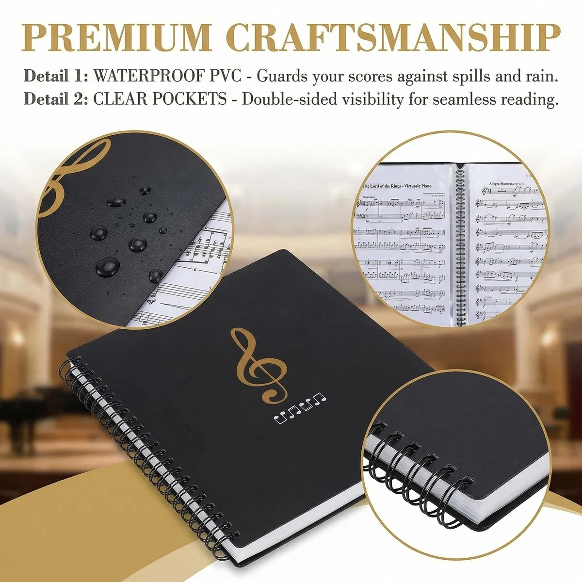 A4 Carpeta para Partituras de Piano y Guitarra 50 Fundas/100 Páginas Carpeta de Archivos de Música Carpetas de Plástico con Pestañas para Casa o Conservatorio + 10 Pinzas con Forma De Nota Musical