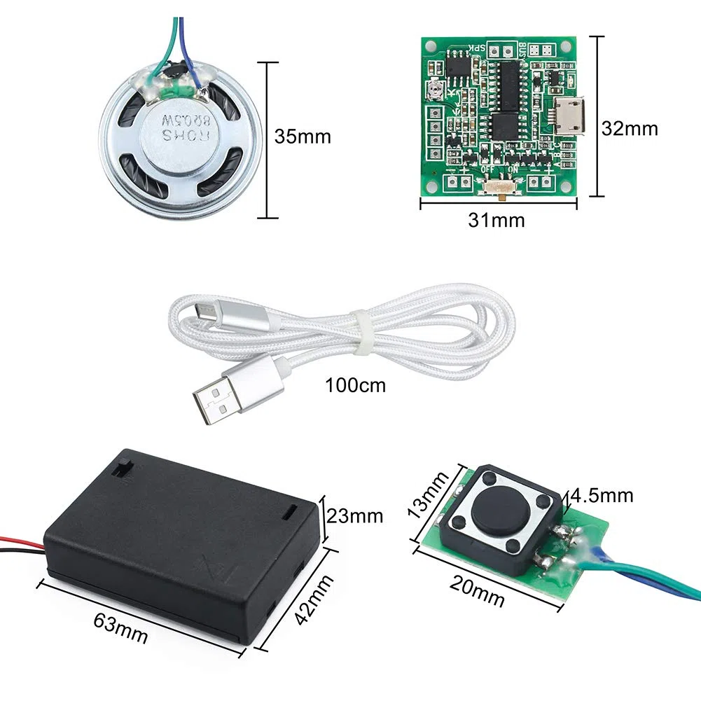 Módulo de Sonido Grabable Control de Botón 8MB MP3 WAV Música Reproductor Voz Chip con Caja de Batería AA y Micro Cable USB para Música DIY Regalo Creativo