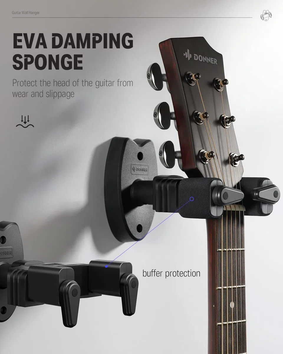 Donner Paquete de 2 colgadores de pared para guitarra con bloqueo automático para guitarra eléctrica acústica, bajo y mandolina, negro