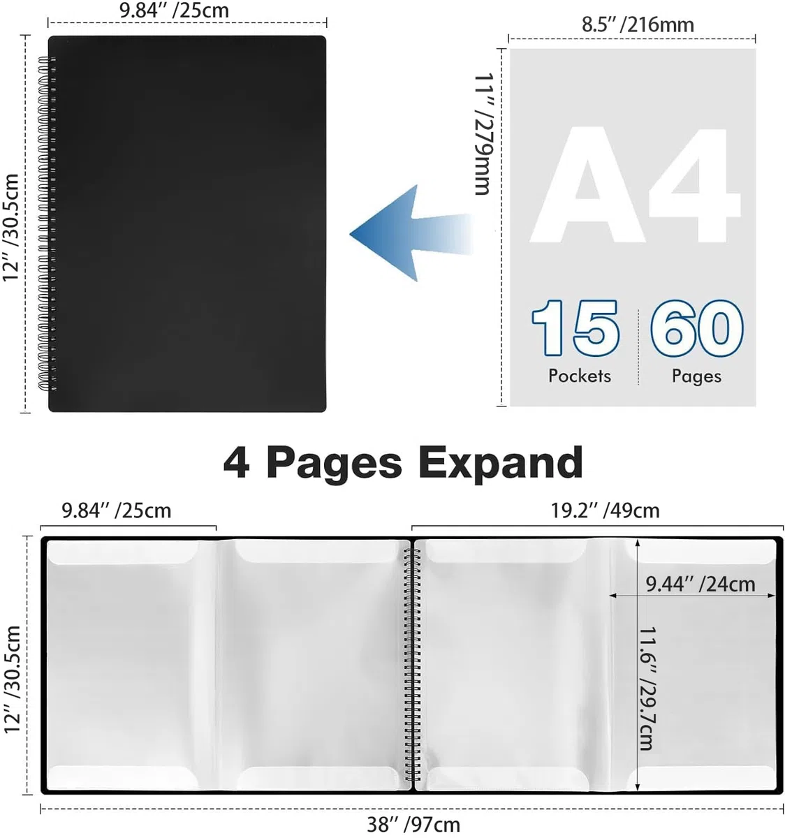 HIMOMO Carpeta para Partituras Expandible de 4 Páginas, 30 Bolsillos/60 Páginas, Carpeta de Música Impermeable para Coro, Archivador Negro para Partituras, Dibujos y Documentos, 216 x 279 mm