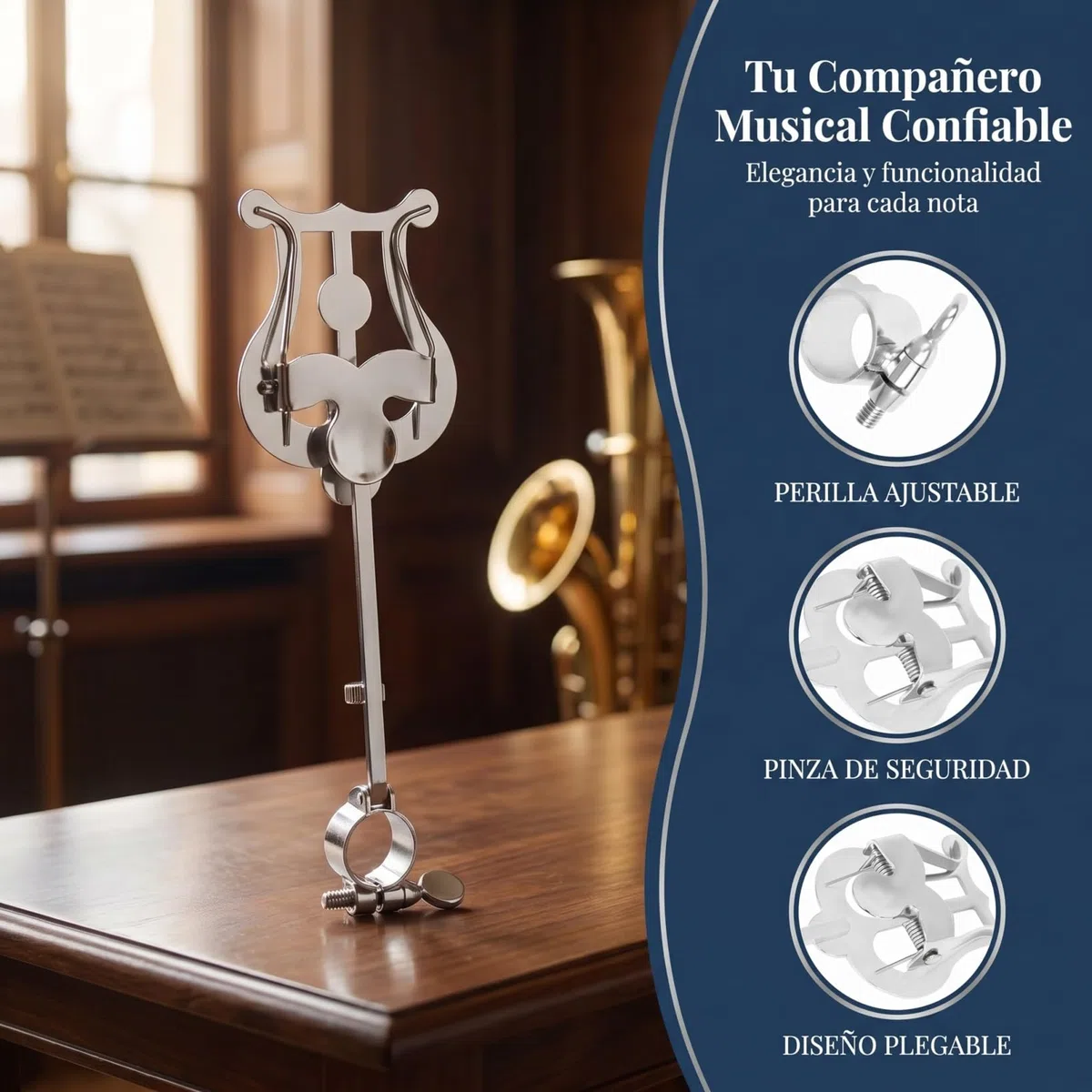 Soporte Portátil Para Flautín Perilla Ajustable y Pinza De Seguridad Para Partituras, Soporte Plegable Para Música En Presentaciones y Ensayos, Color Plateado Moderno