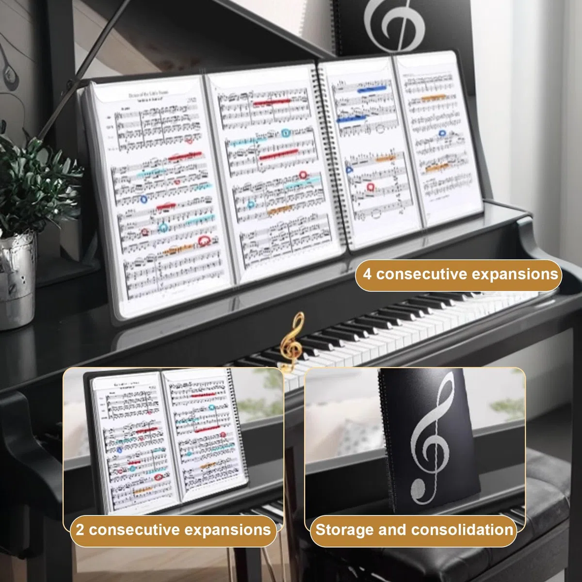 Carpeta Plegable para Partituras A4 de 4 Lados, Carpeta de Archivos de Música, 20 Compartimentos/40 Páginas, Carpeta de Partituras de Piano Trae una Pegatina índice, Carpeta Fundas Plastico A4