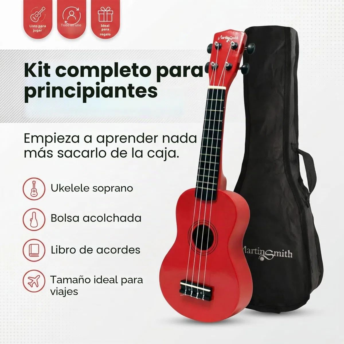 Martin Smith UK212-RD Ukelele Soprano Ukulele con Bolsa - Rojo, 21" Full Size Soprano