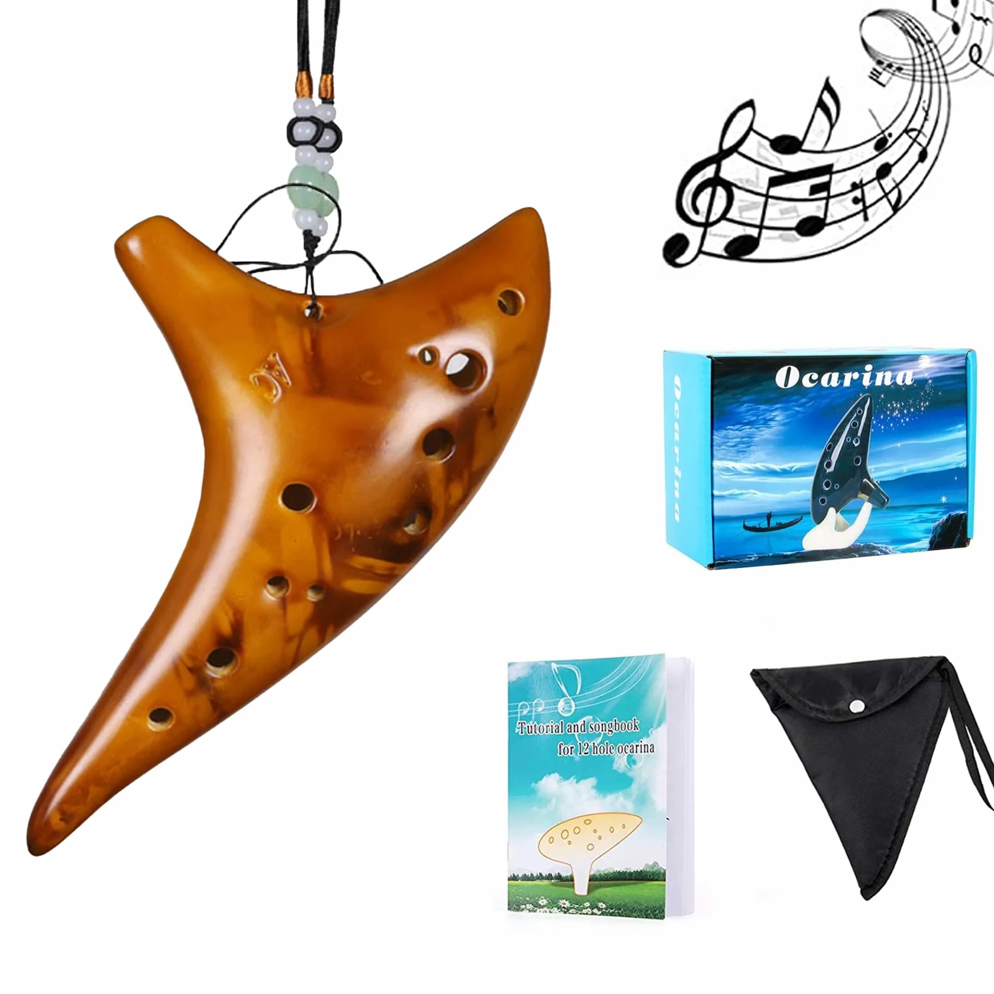 Ocarina, ocarina de 12 agujeros, réplica de cerámica, Alto C Crackle Pattern Ocarinas Cerámica, instrumento musical, Zelda Ocarina con una bolsa protectora, Songbooks cuello cadena cuello