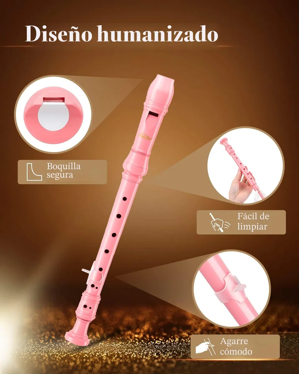 Eastar Flauta de pico soprano para principiantes, niños, instrumento de flauta de pico alemán en do, soporte para el pulgar, bolsa de algodón, tabla de dedos, rosa claro, ERS-21GP.