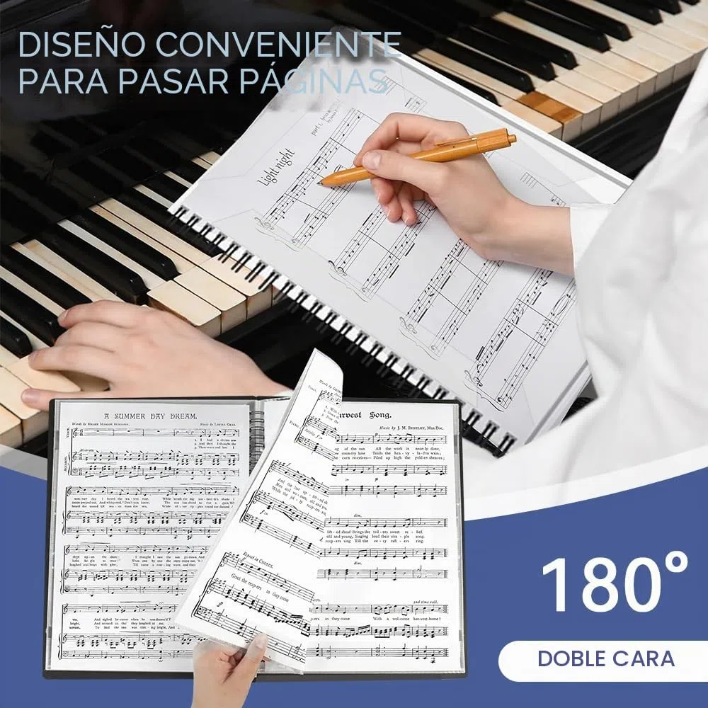 Carpeta de Partituras Musicales 20 Hojas/40 Páginas Carpetade Anillas Partituras Negra Presentación A4 Carpeta Espiral Con Fundas de Plastico A4 para Notas de Piano/Guitarra/Violín + 10 Clips