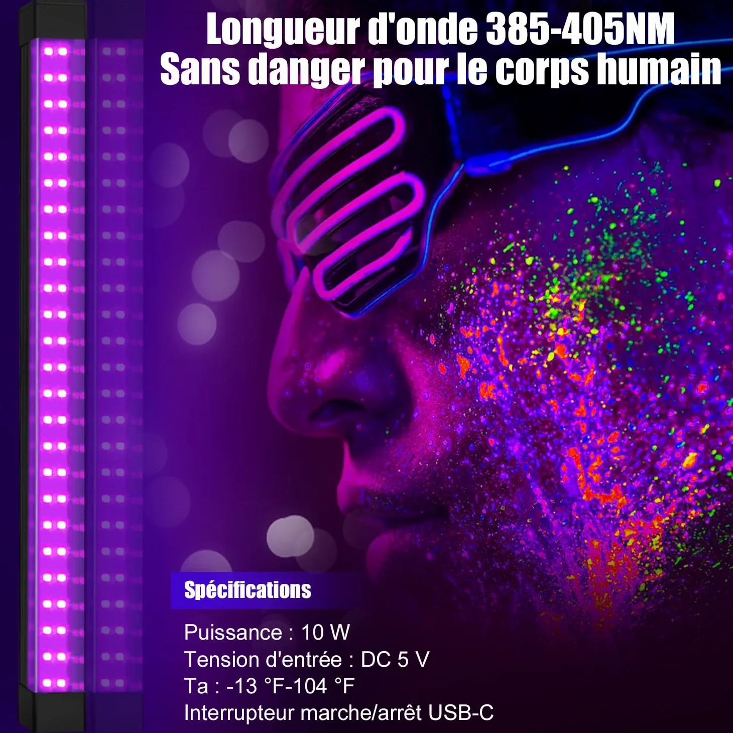 Luz Ultravioleta 10W USB Paquete de 2, 50 LEDs Luz UV Negra UV de 31 cm 395nm Portátil, Lámpara de Luces Negra, para Discoteca, Fiesta Neon, Decoración de Halloween