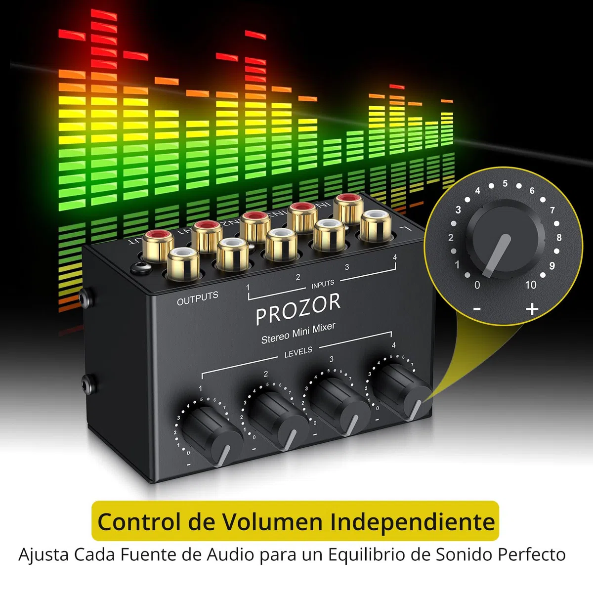 PROZOR Mezclador de Audio Estéreo Pasivo Mini 4 Canales RCA - Mezclador Compacto sin Fuente para DJ y Home Studio, Control de Volumen Independiente, Conexión Dorada, Diseño Portátil y Metal Duradero