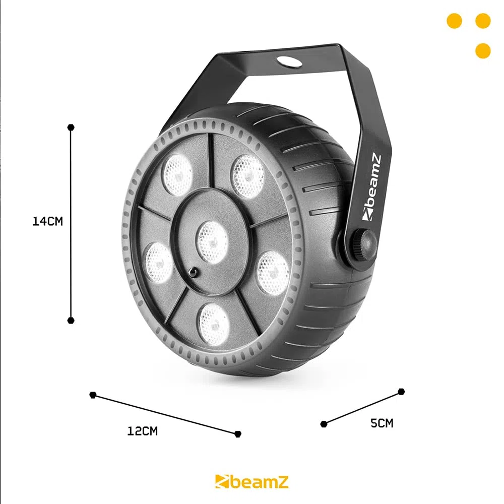 BeamZ PLP12 Foco Par con 6 leds de 1 W blancos, funciona con batería interna que se recarga vía USB, carcasa ligera construida en ABS, ángulo de HAZ 55º, modo automático o manual