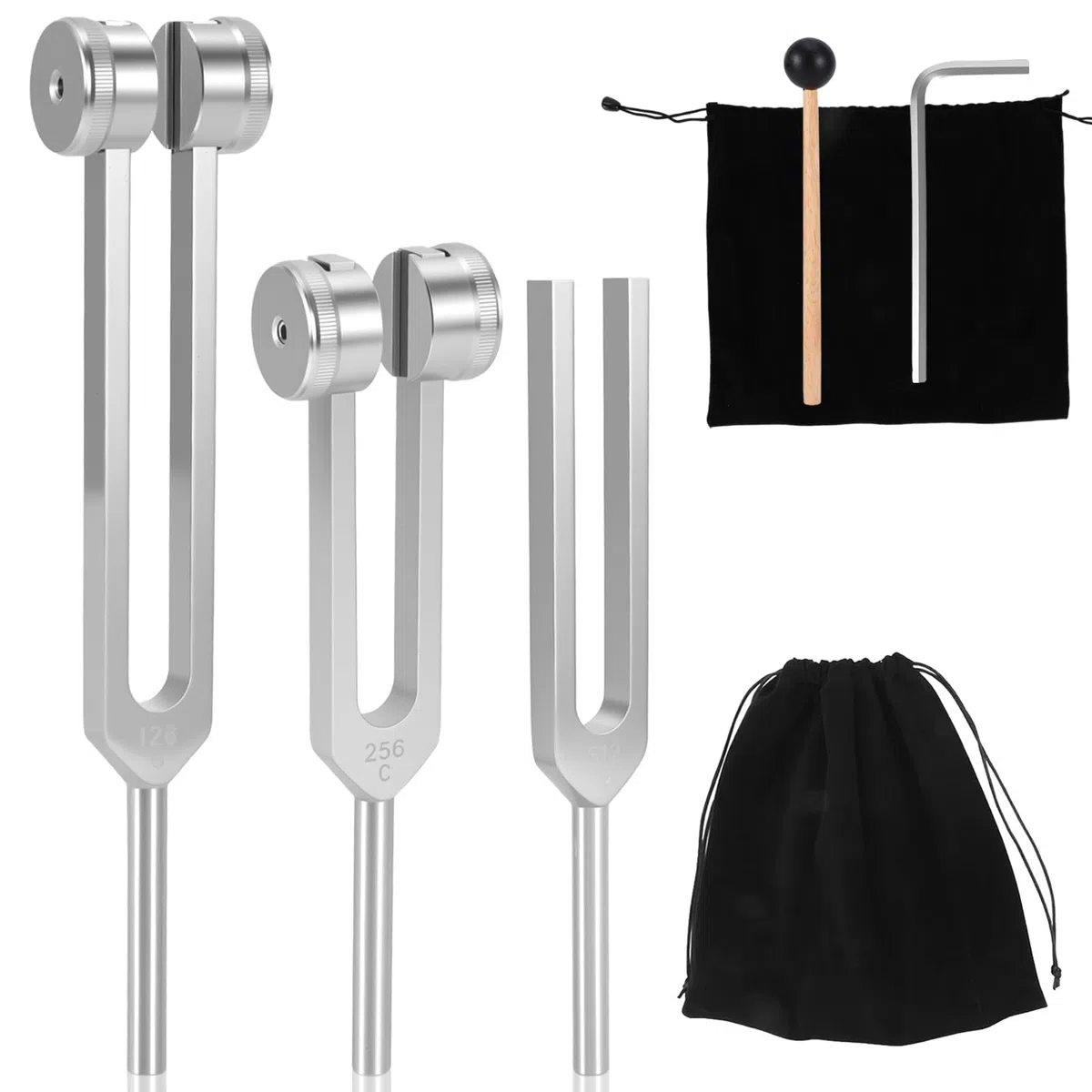 Diapasones para sanación, juego de tenedores de sintonización con martillo reflejo para curación, chakras, terapia de sonido, yoga, diapasón y martillo, juego de 128 256 y 512 Hz