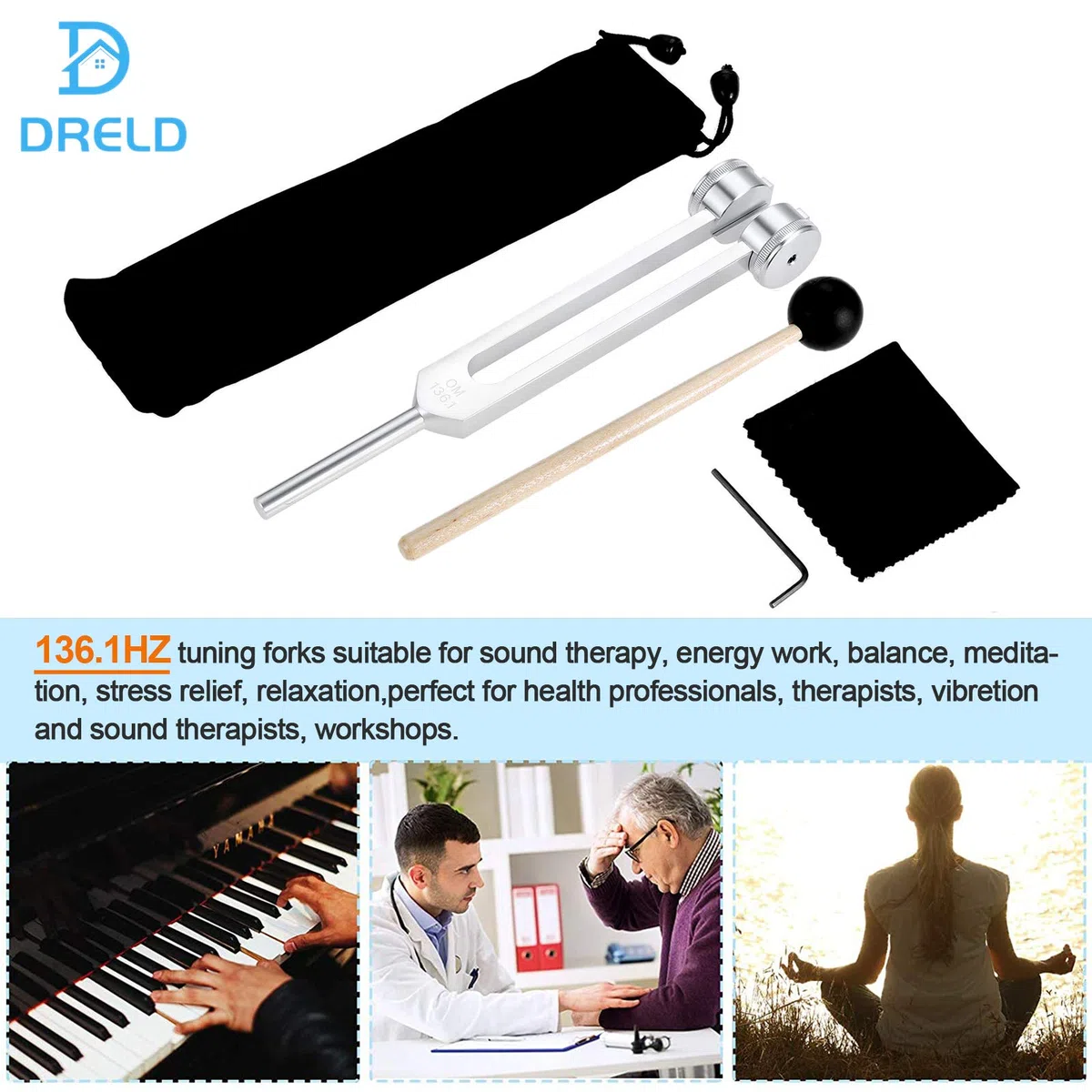 Dreld Horquilla de afinación de 136,1 Hz con martillo de silicona y bolsa para reparación de ADN, terapia de sonido, curación perfecta, instrumento musical, equilibrio, sanadores, vibración