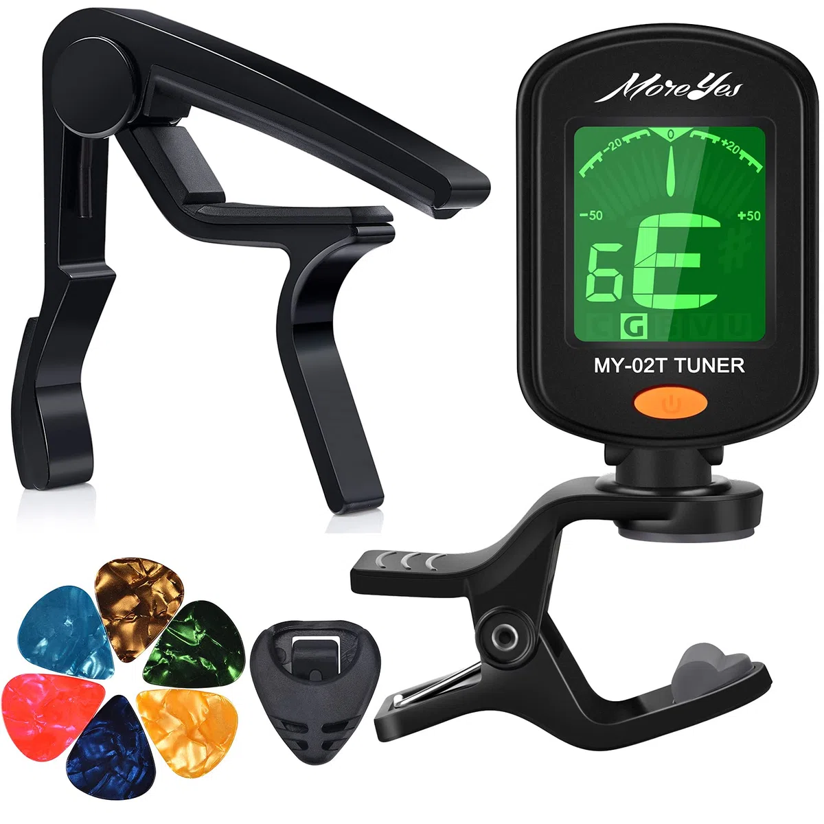 Afinador para cromático, guitarra, bajo, violín, ukelele incluye púas y soporte, Capo+Tuner