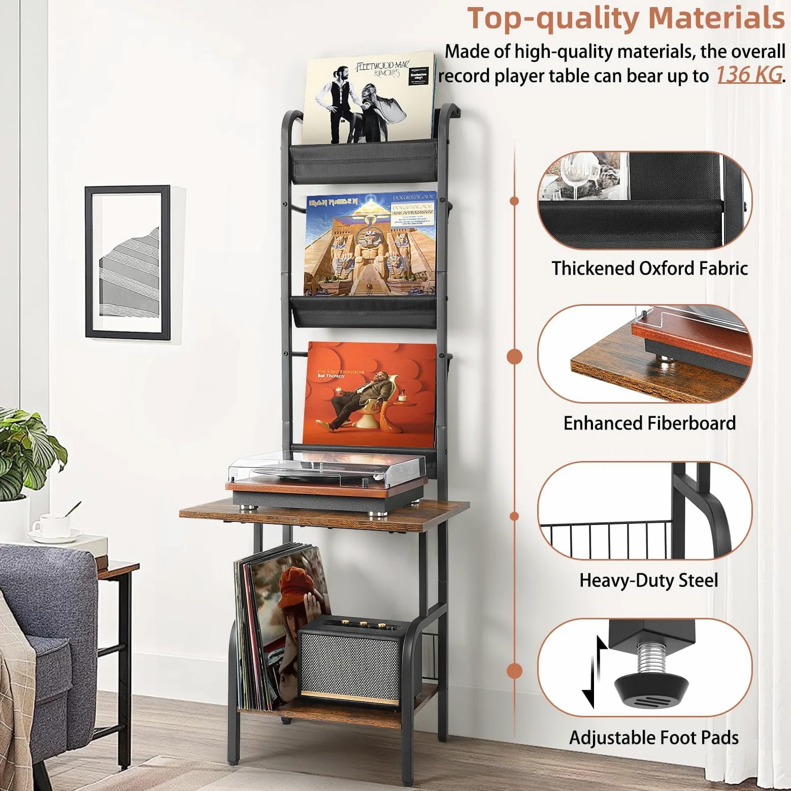 Almacenamiento de vinilo, 3 niveles, mueble giratorio para salón, hasta 200 álbumes Cds, soporte de vinilo de pared