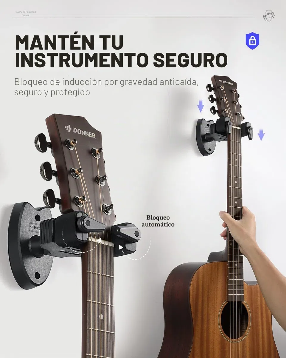 Donner Paquete de 2 colgadores de pared para guitarra con bloqueo automático para guitarra eléctrica acústica, bajo y mandolina, negro