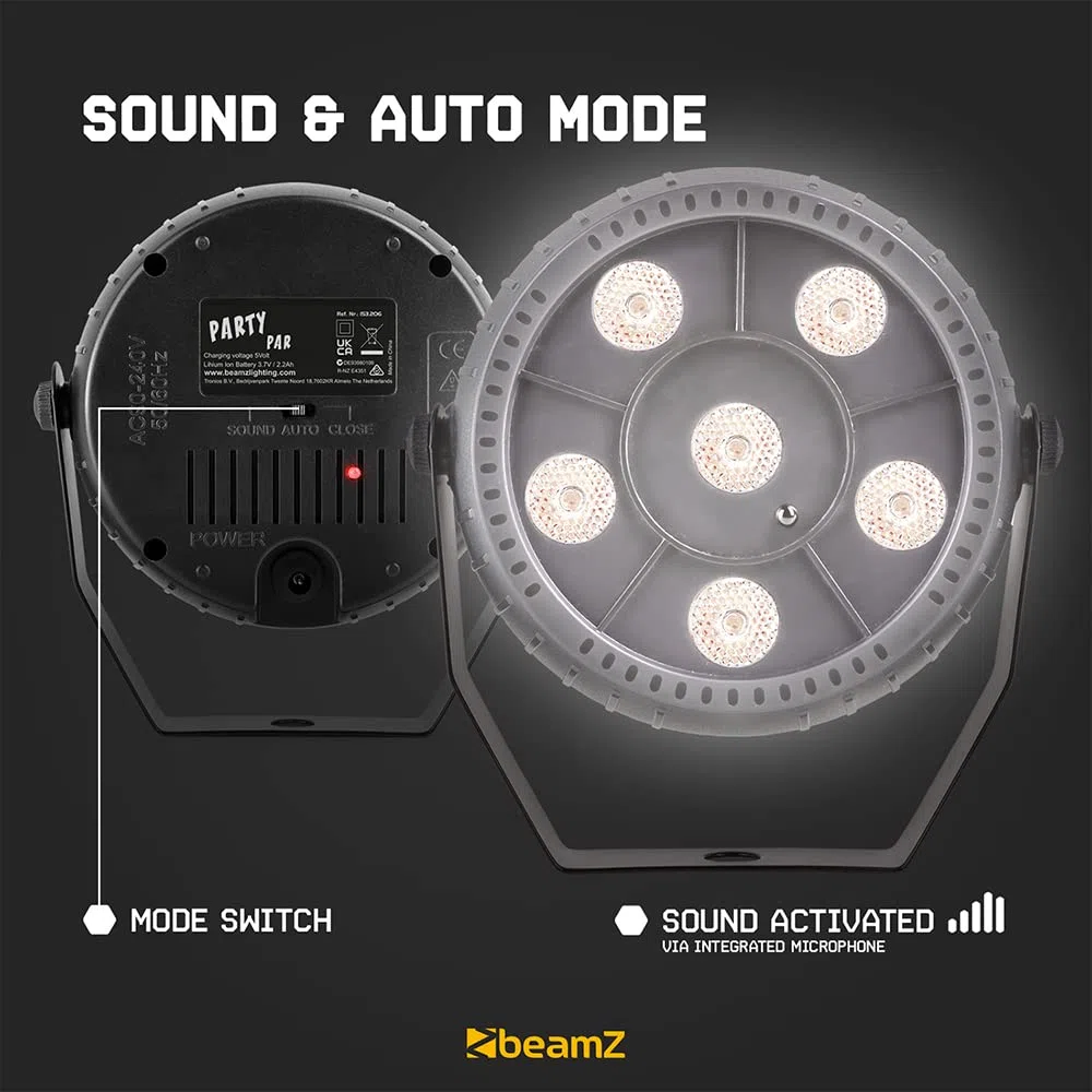 BeamZ PLP12 Foco Par con 6 leds de 1 W blancos, funciona con batería interna que se recarga vía USB, carcasa ligera construida en ABS, ángulo de HAZ 55º, modo automático o manual
