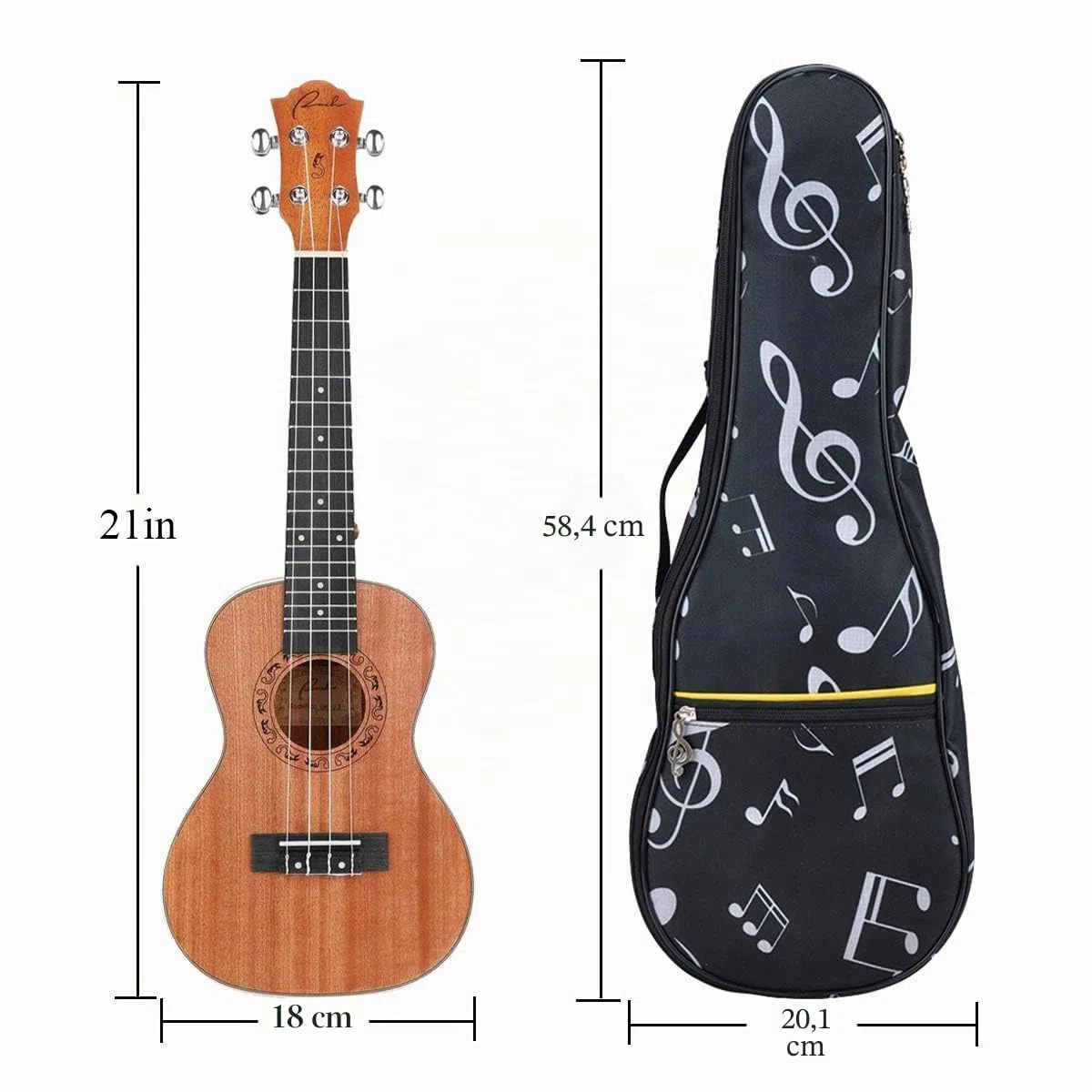 21in Bolsa de ukelele impermeable Oxford para notas musicales, mochila con correas ajustables con cejilla para ukelele con cejilla de ukelele (negro)
