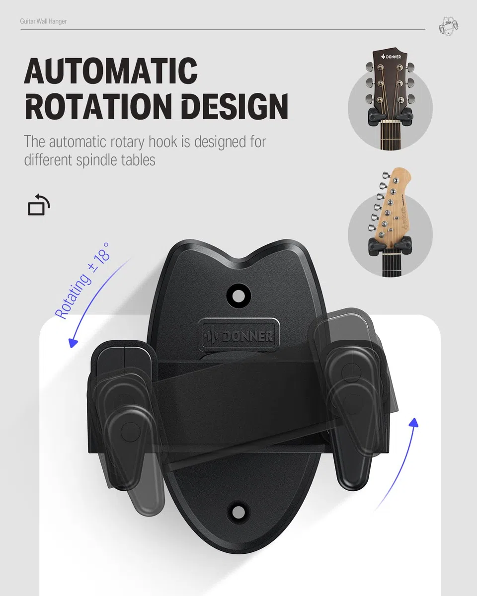 Donner Paquete de 2 colgadores de pared para guitarra con bloqueo automático para guitarra eléctrica acústica, bajo y mandolina, negro