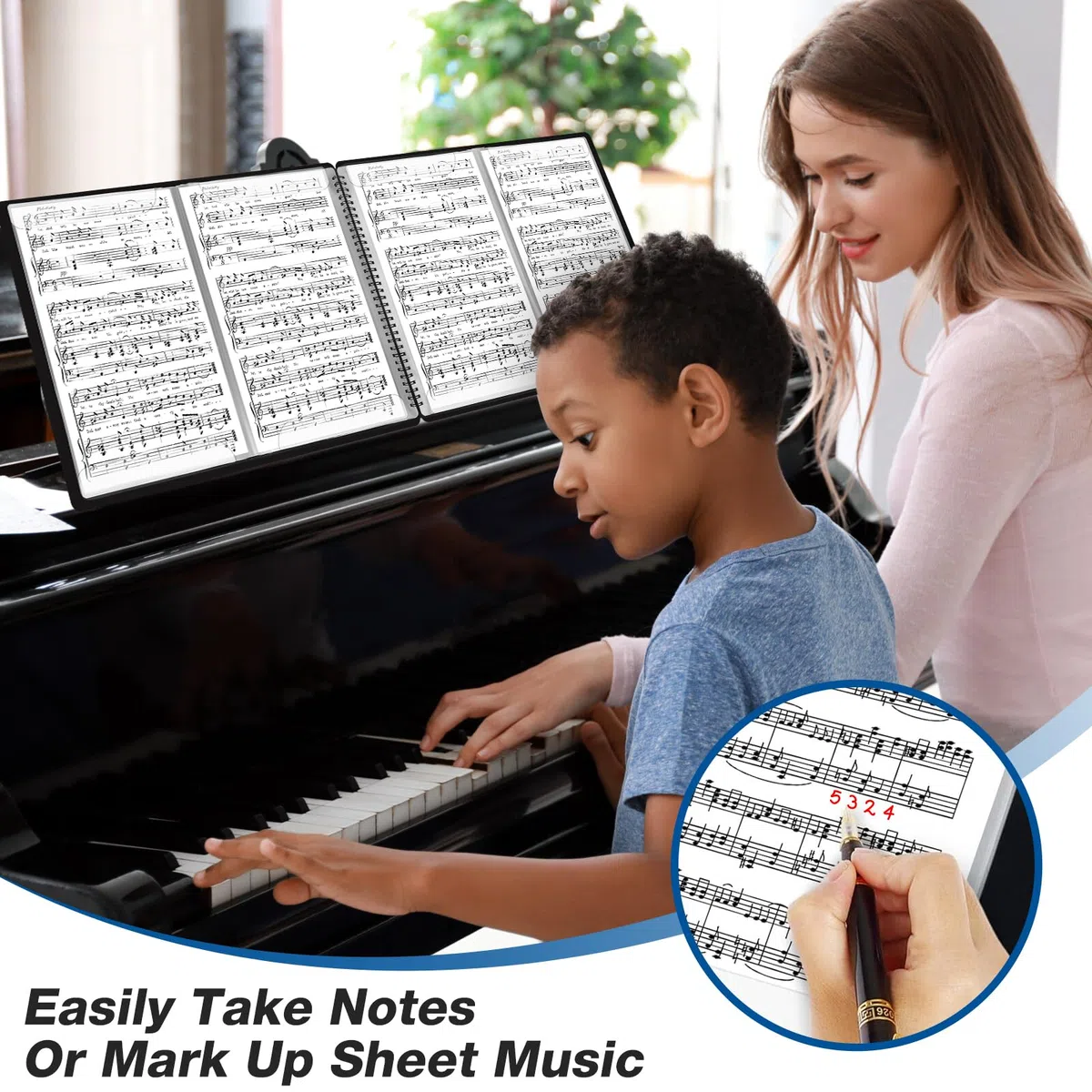 HIMOMO Carpeta para Partituras Expandible de 4 Páginas, 30 Bolsillos/60 Páginas, Carpeta de Música Impermeable para Coro, Archivador Negro para Partituras, Dibujos y Documentos, 216 x 279 mm