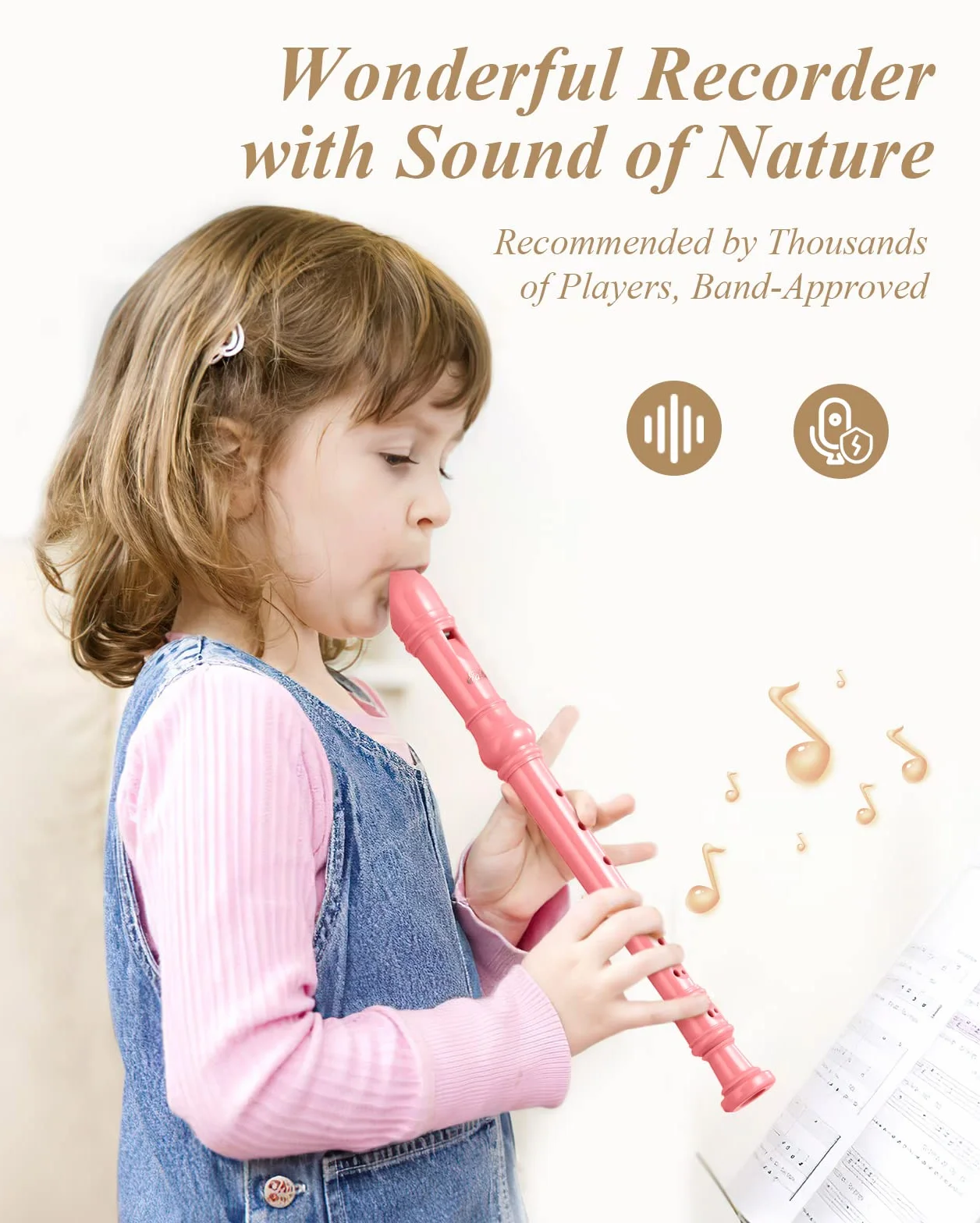 Eastar Flauta de pico soprano para principiantes, niños, instrumento de flauta de pico alemán en do, soporte para el pulgar, bolsa de algodón, tabla de dedos, rosa claro, ERS-21GP.