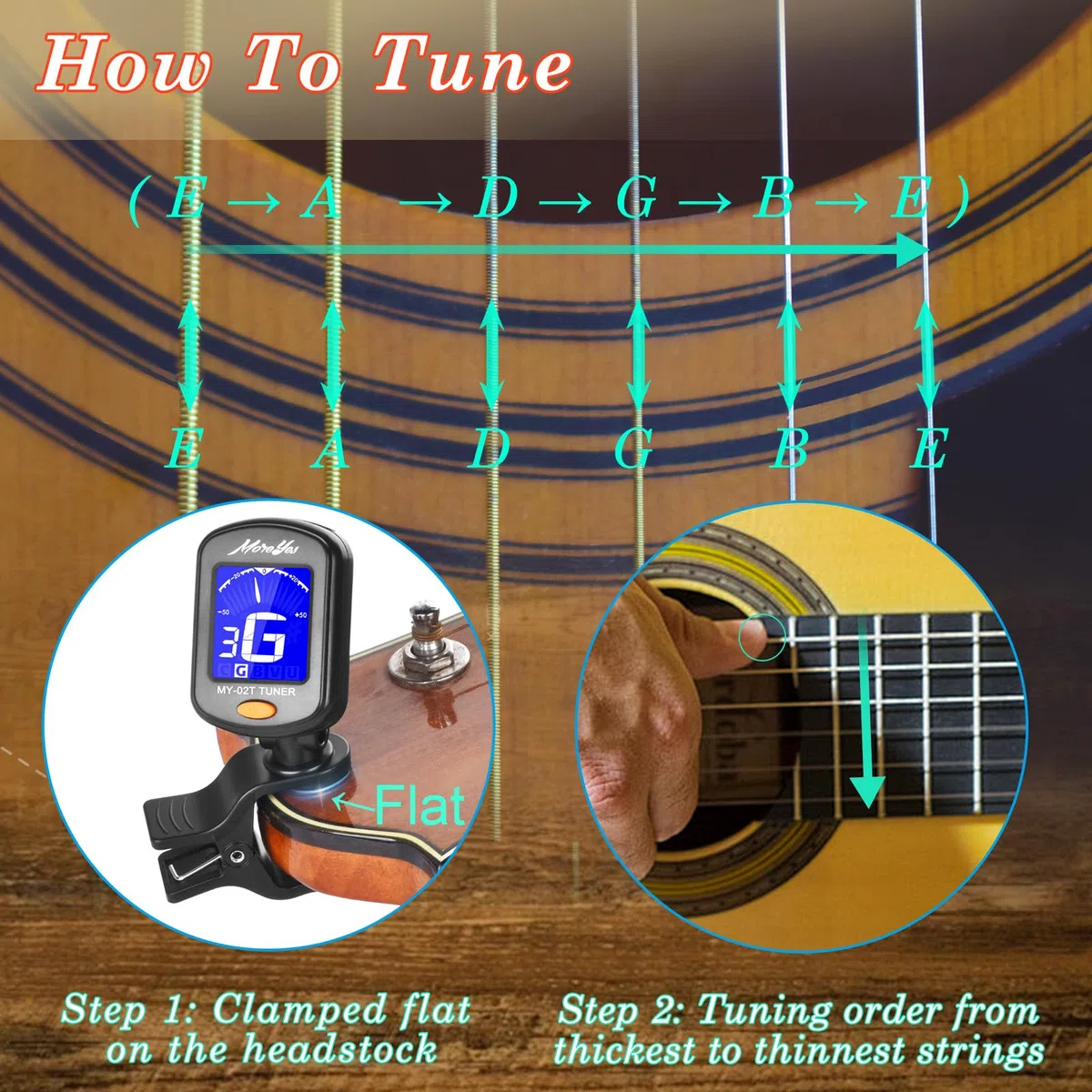 Afinador para cromático, guitarra, bajo, violín, ukelele incluye púas y soporte, Capo+Tuner
