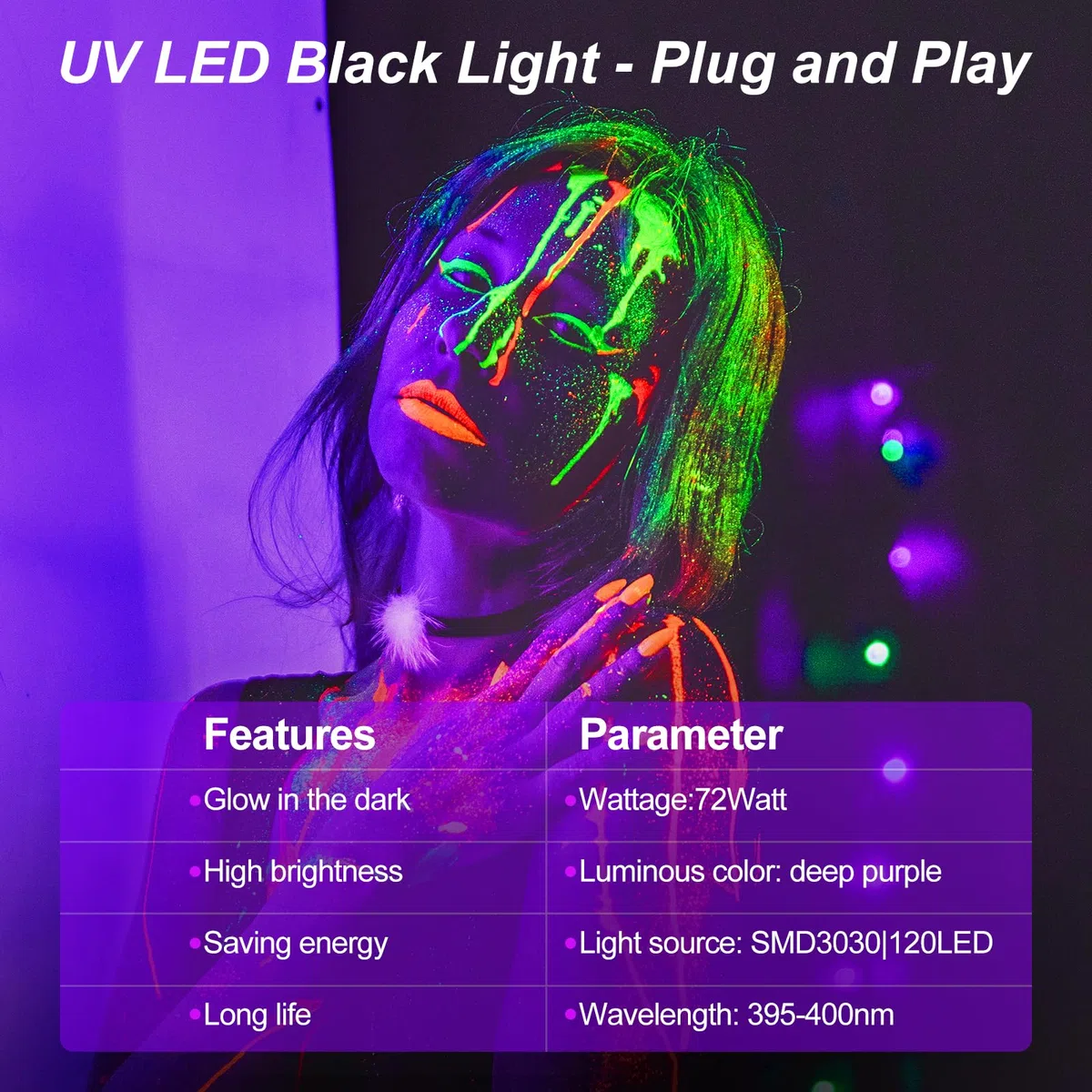 T-SUN 2 Piezas Luz Negra UV 72W 1000LM Proyector de Luz Negra 360° Ajustable, 1.8m Cable de Corriente, Longitud de Onda 400-405NM para Halloween Navidad Fiesta Disco