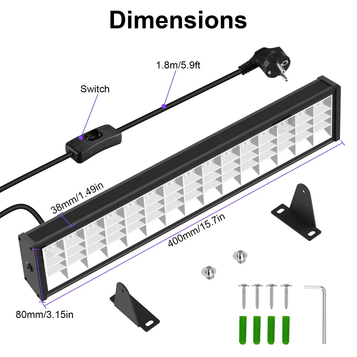 T-SUN 2 Piezas Luz Negra UV 72W 1000LM Proyector de Luz Negra 360° Ajustable, 1.8m Cable de Corriente, Longitud de Onda 400-405NM para Halloween Navidad Fiesta Disco