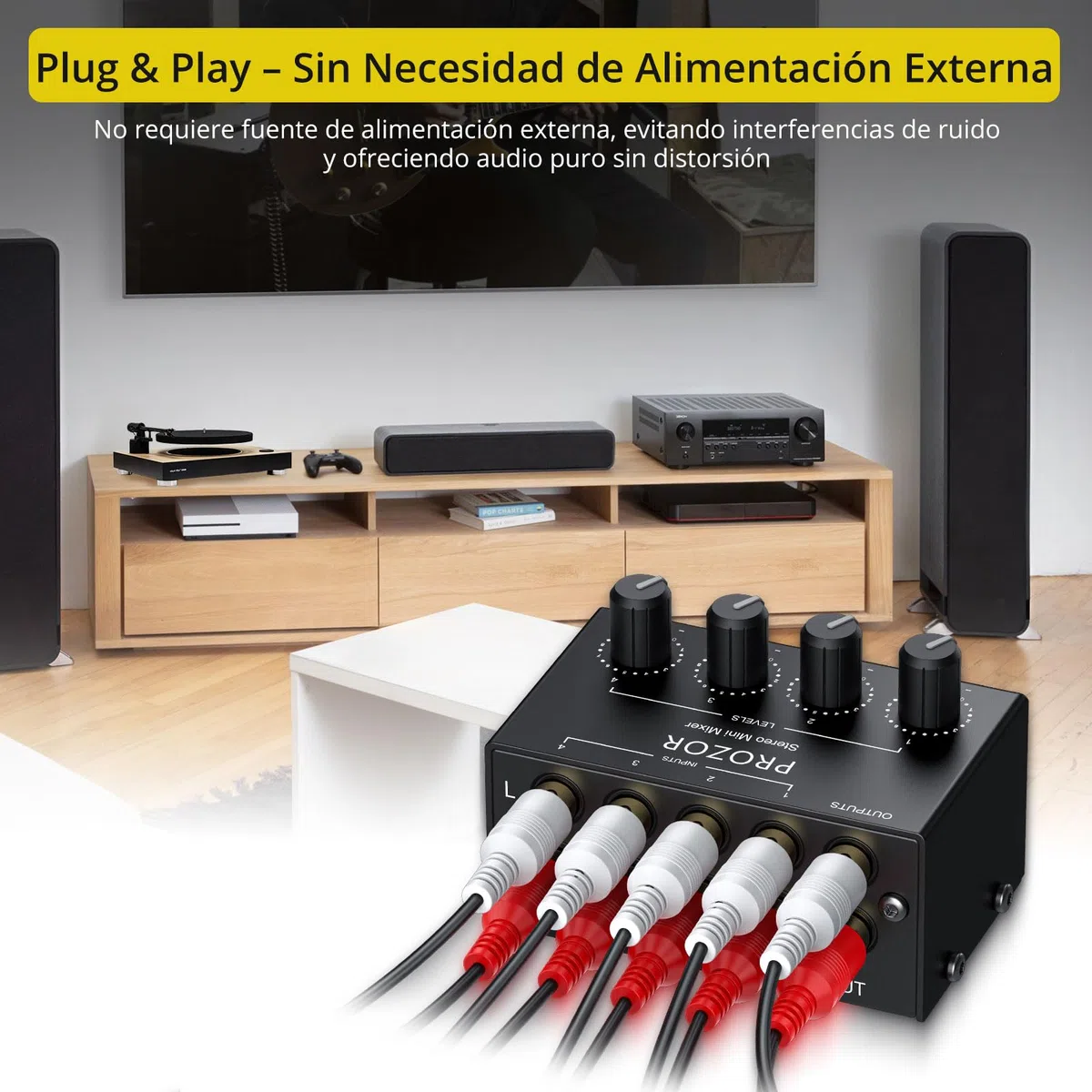 PROZOR Mezclador de Audio Estéreo Pasivo Mini 4 Canales RCA - Mezclador Compacto sin Fuente para DJ y Home Studio, Control de Volumen Independiente, Conexión Dorada, Diseño Portátil y Metal Duradero
