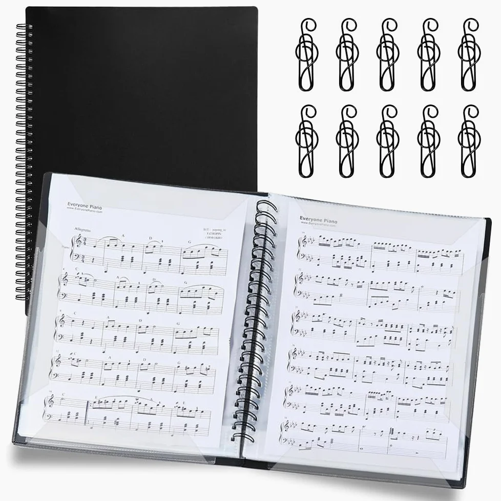 Carpeta de Partituras Musicales 20 Hojas/40 Páginas Carpetade Anillas para Partituras Negra Presentación A4 Carpeta Espiral para Notas de Piano/Guitarra/Violín + 10 Clips de Notas Musicales