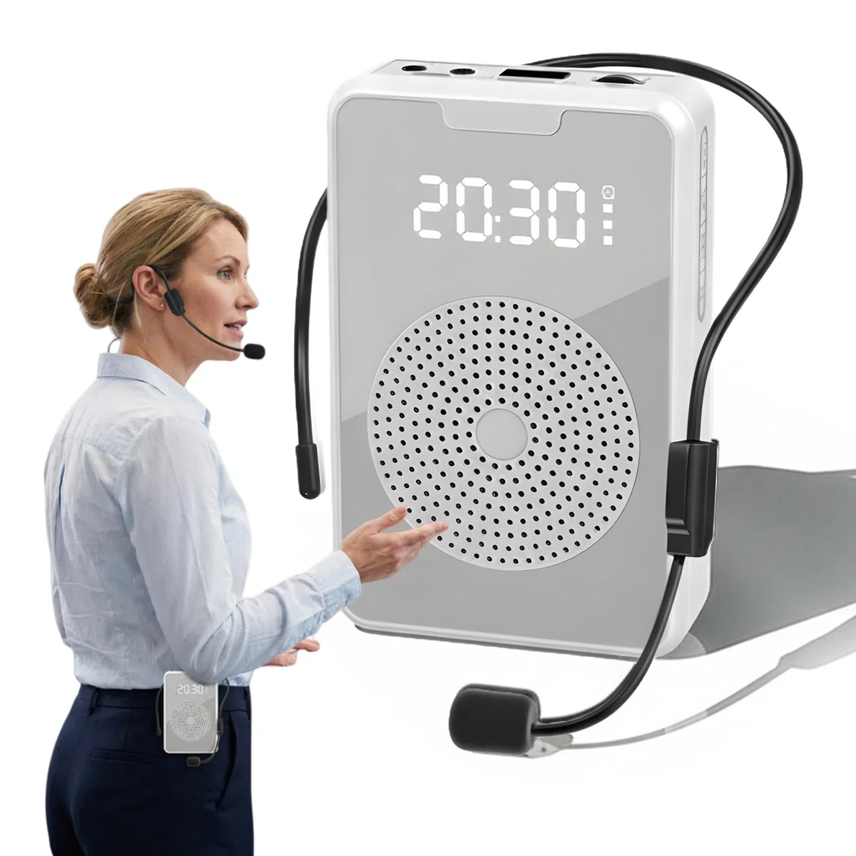 Amplificador de voz con micrófono inalámbrico, 4500 mAh, amplificador de voz portátil con función de grabación, altavoz recargable con espejo, reloj, cintura para profesores, entrenadores y guías