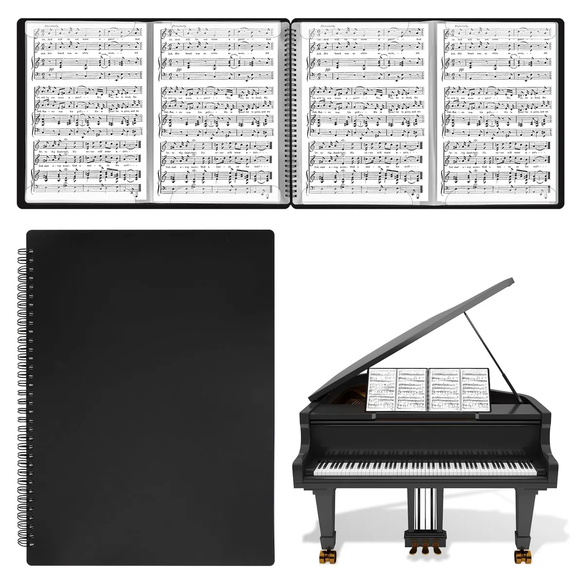 HIMOMO Carpeta para Partituras Expandible de 4 Páginas, 30 Bolsillos/60 Páginas, Carpeta de Música Impermeable para Coro, Archivador Negro para Partituras, Dibujos y Documentos, 216 x 279 mm
