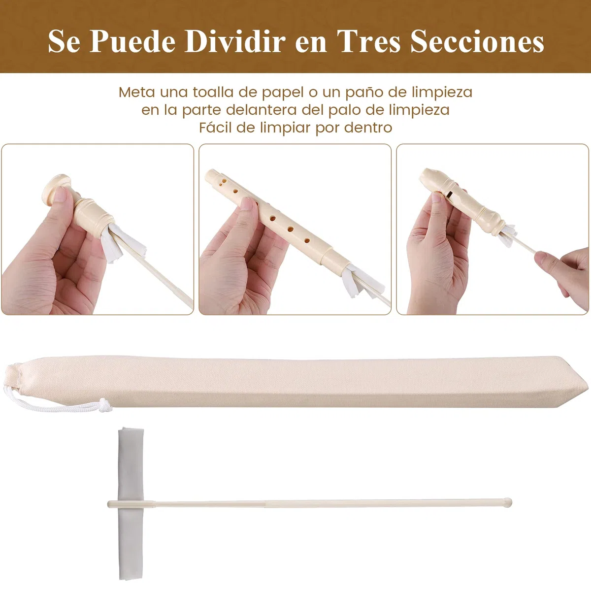 Flauta Dulce Escolar para Principiantes y Niños de 8 Agujeros, Digitación Alemana, Incluye Paquete Externo, Palo de Limpieza y Manual de Instrucciones, Blanco
