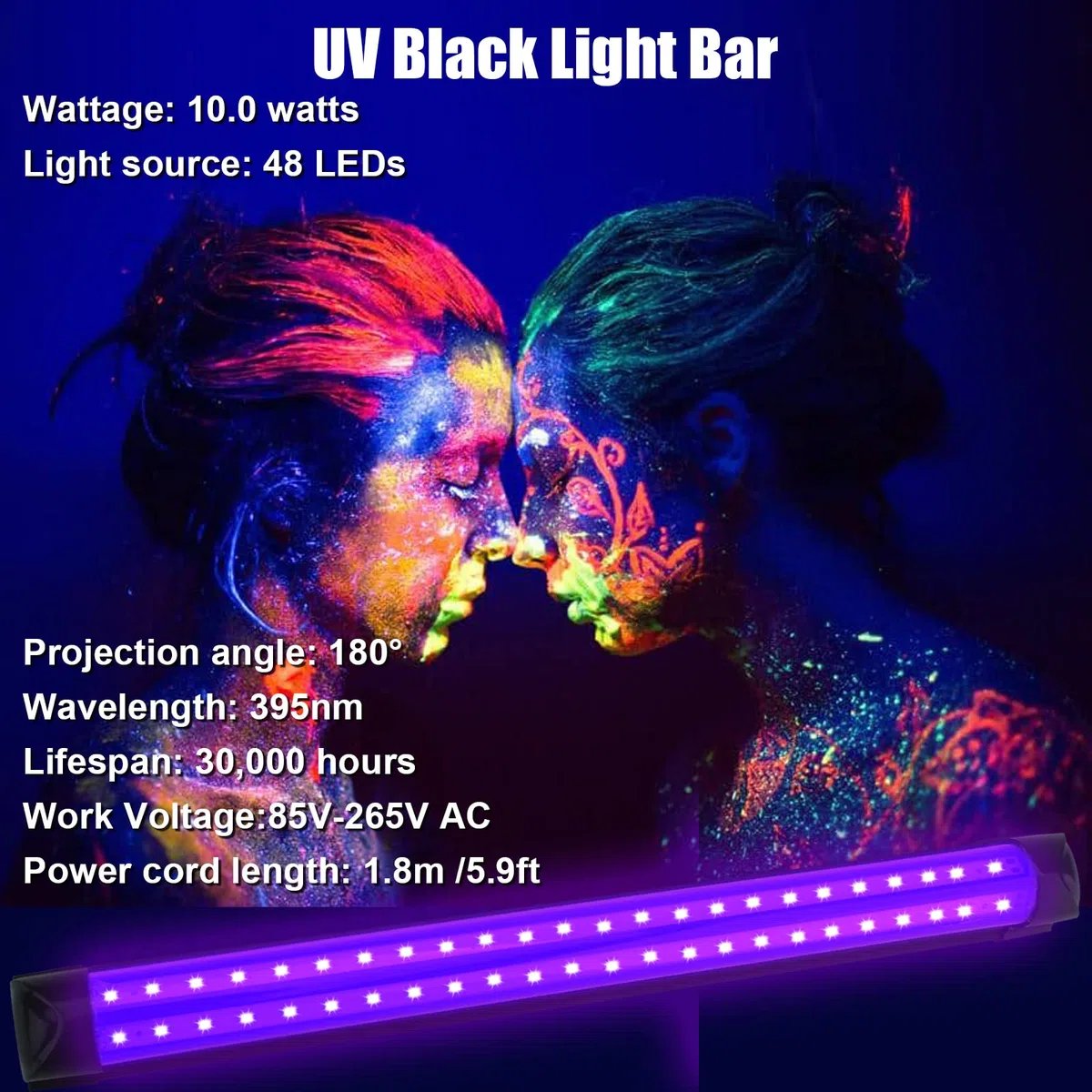 Barra de Luz Negra UV LED,10W Lámpara ultravioleta,Luces Discoteca con Cable de 1.8M,Iluminación Fluorescente 395nm para Habitacion,Bar,Blacklight Fiestas,Halloween,Pintura corporal