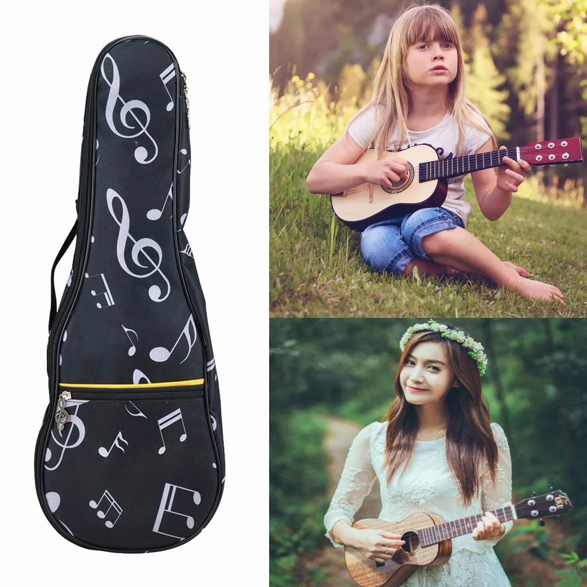 21in Bolsa de ukelele impermeable Oxford para notas musicales, mochila con correas ajustables con cejilla para ukelele con cejilla de ukelele (negro)