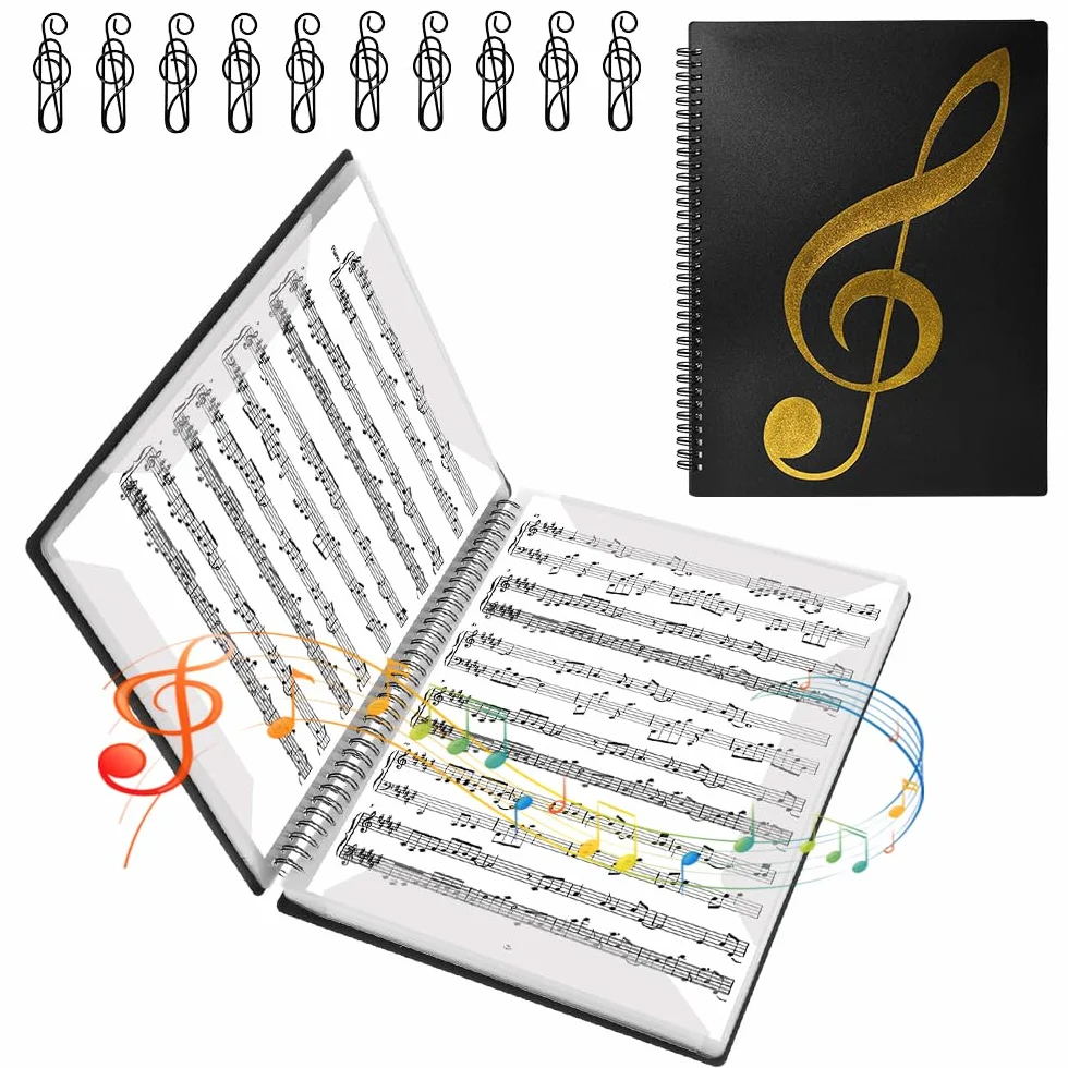 Carpeta de Partituras Musicales 20 Hojas/40 Páginas Carpetade Anillas Partituras Negra Presentación A4 Carpeta Espiral Con Fundas de Plastico A4 para Notas de Piano/Guitarra/Violín + 10 Clips