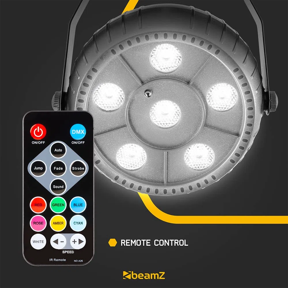 BeamZ PLP12 Foco Par con 6 leds de 1 W blancos, funciona con batería interna que se recarga vía USB, carcasa ligera construida en ABS, ángulo de HAZ 55º, modo automático o manual