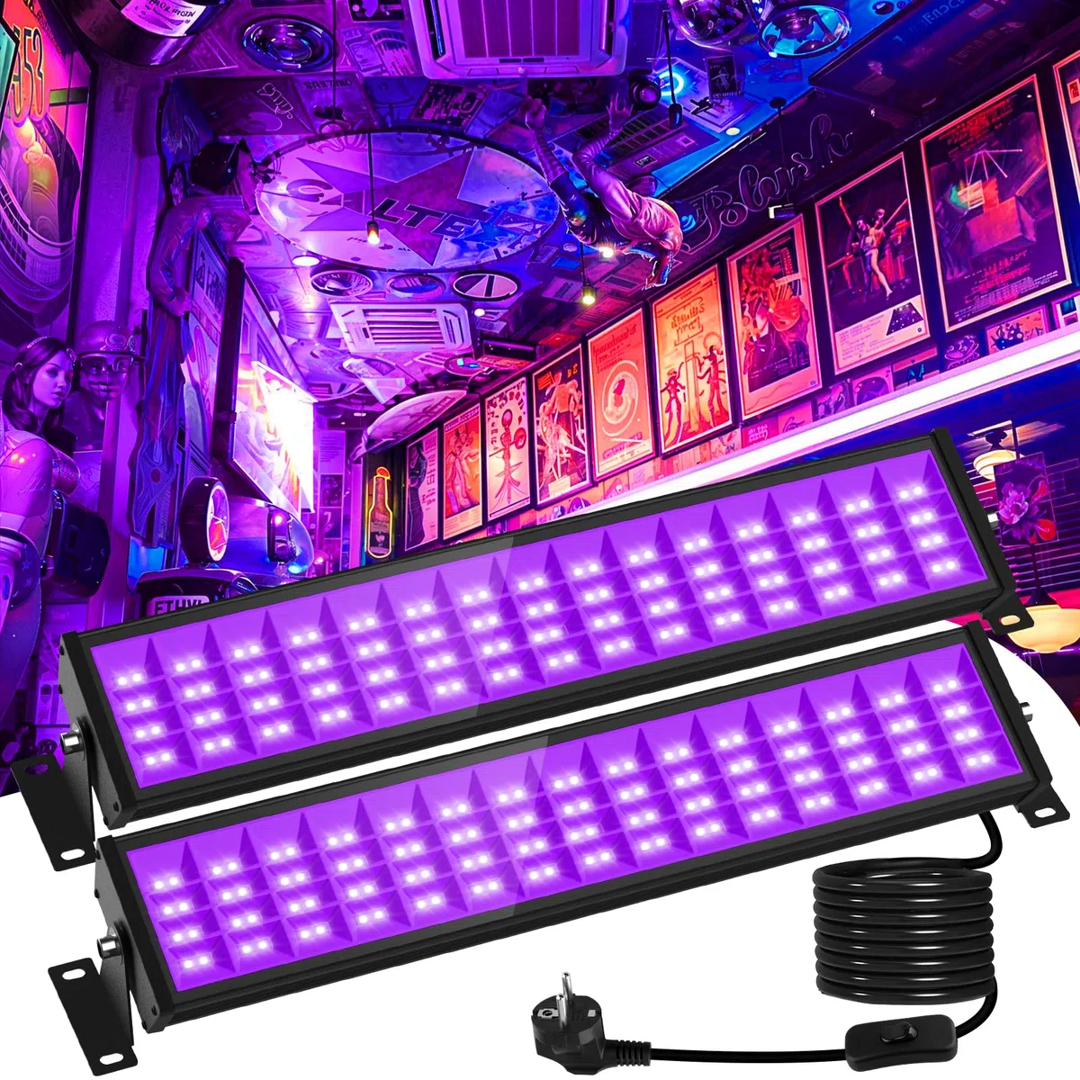 T-SUN 2 Piezas Luz Negra UV 72W 1000LM Proyector de Luz Negra 360° Ajustable, 1.8m Cable de Corriente, Longitud de Onda 400-405NM para Halloween Navidad Fiesta Disco