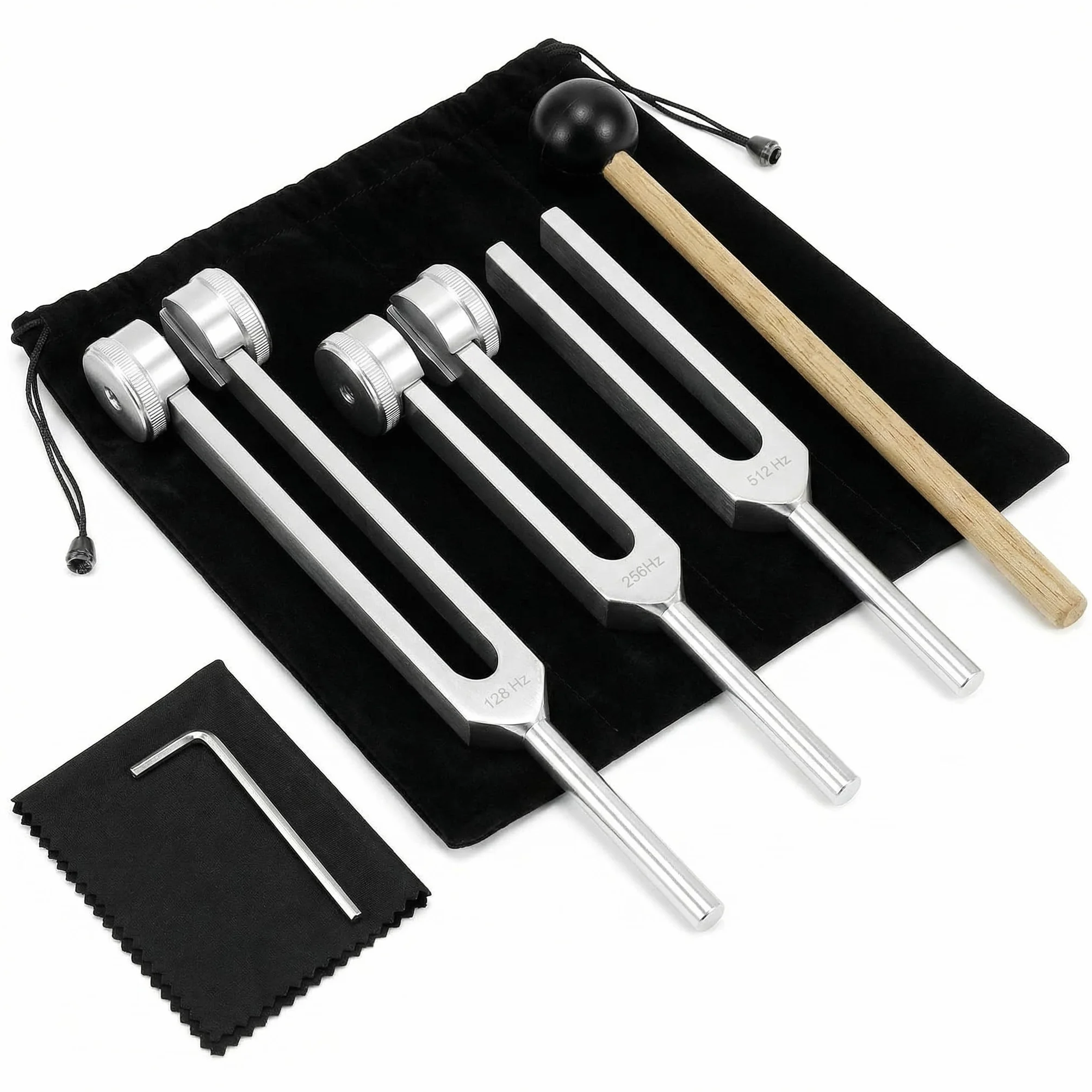 QWORK® Juego de Horquillas de Afinación 128 Hz, 256 Hz y 512 Hz, Diapasones de Aleación de Aluminio con Martillo de Silicona para Música, Afinación, Meditación y Demostraciones Acústicas