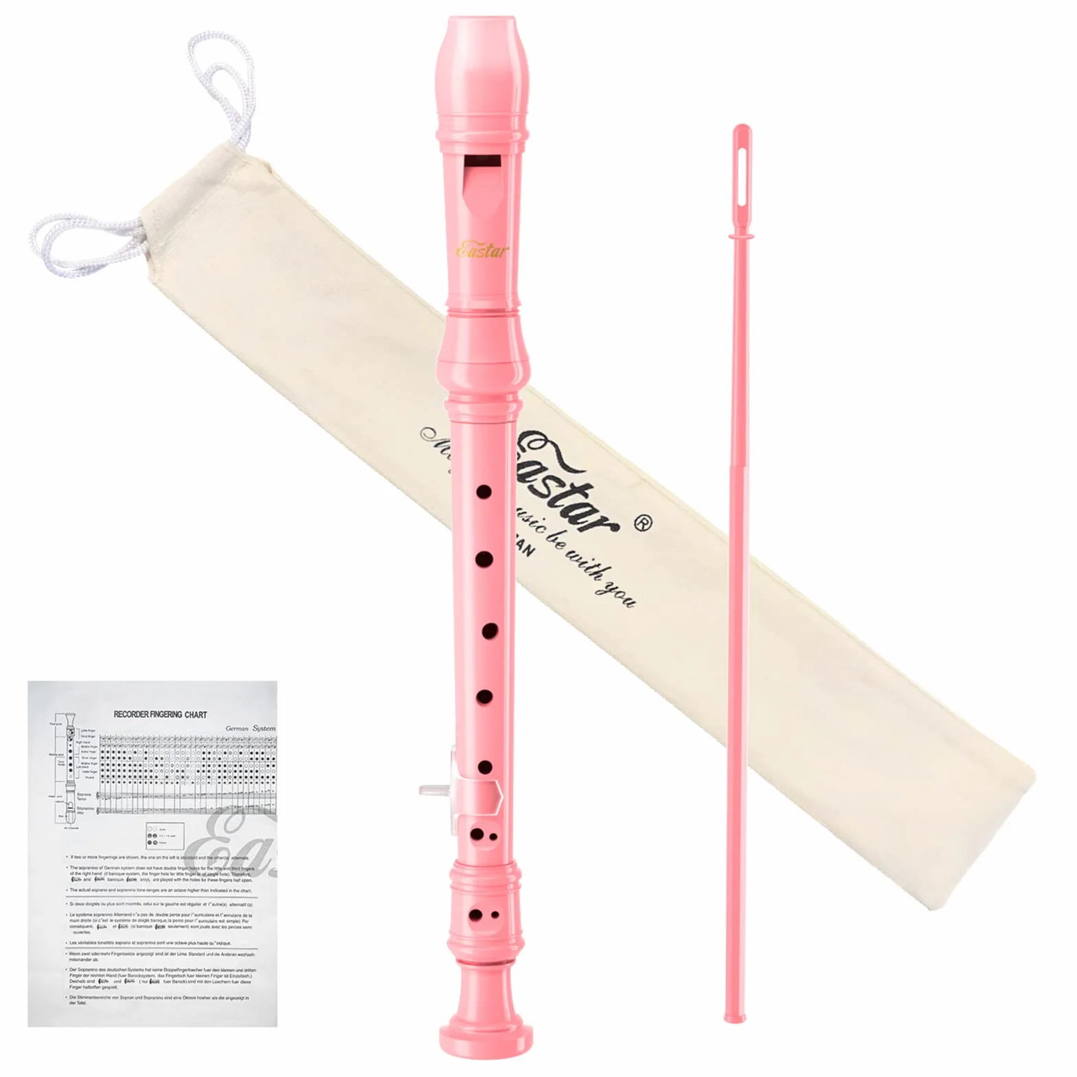 Eastar Flauta de pico soprano para principiantes, niños, instrumento de flauta de pico alemán en do, soporte para el pulgar, bolsa de algodón, tabla de dedos, rosa claro, ERS-21GP.