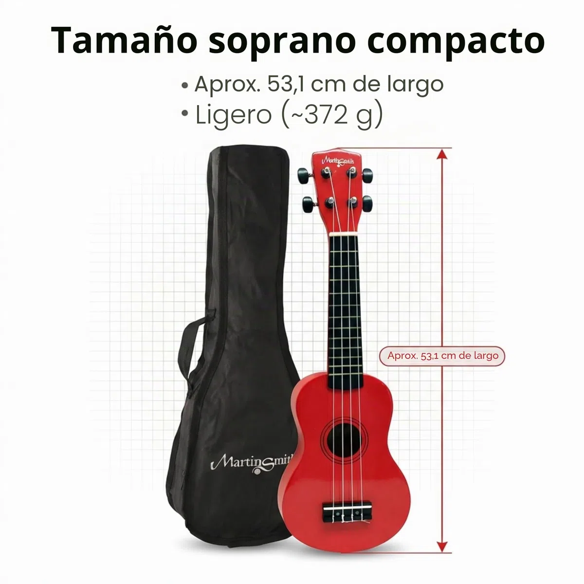 Martin Smith UK212-RD Ukelele Soprano Ukulele con Bolsa - Rojo, 21" Full Size Soprano