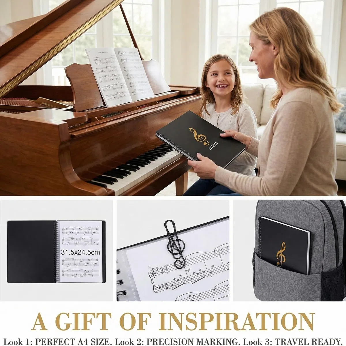 A4 Carpeta para Partituras de Piano y Guitarra 50 Fundas/100 Páginas Carpeta de Archivos de Música Carpetas de Plástico con Pestañas para Casa o Conservatorio + 10 Pinzas con Forma De Nota Musical