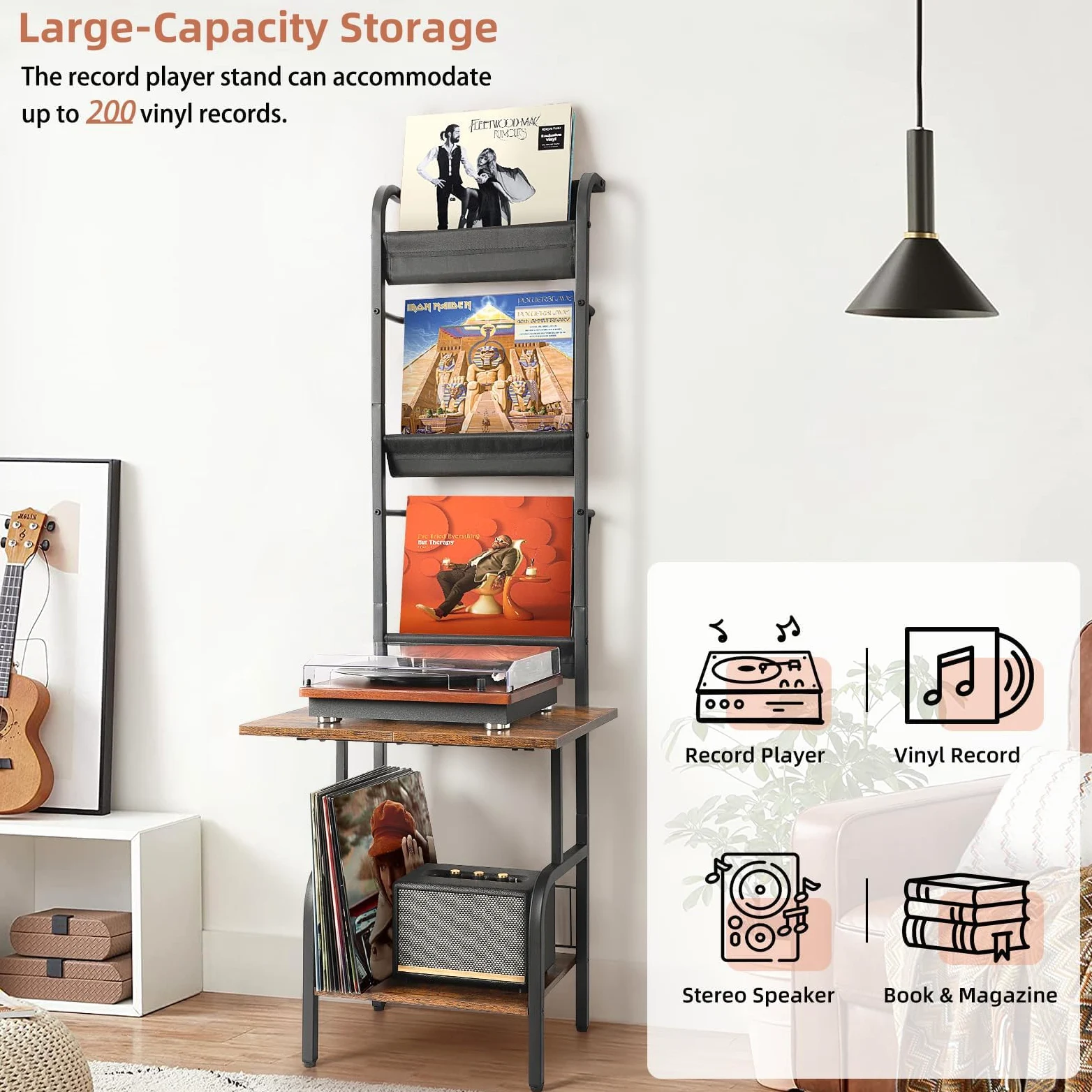 Almacenamiento de vinilo, 3 niveles, mueble giratorio para salón, hasta 200 álbumes Cds, soporte de vinilo de pared