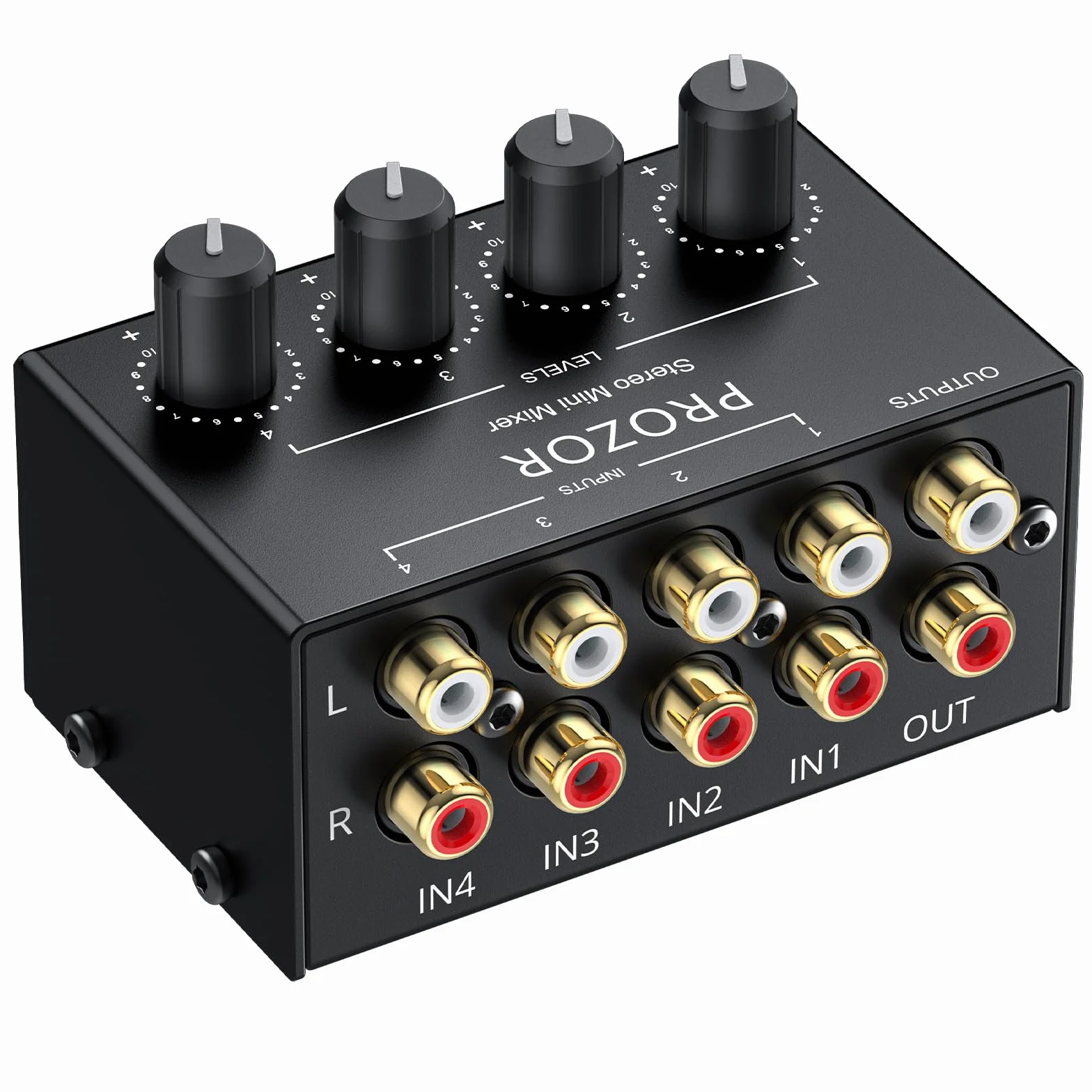 PROZOR Mezclador de Audio Estéreo Pasivo Mini 4 Canales RCA - Mezclador Compacto sin Fuente para DJ y Home Studio, Control de Volumen Independiente, Conexión Dorada, Diseño Portátil y Metal Duradero
