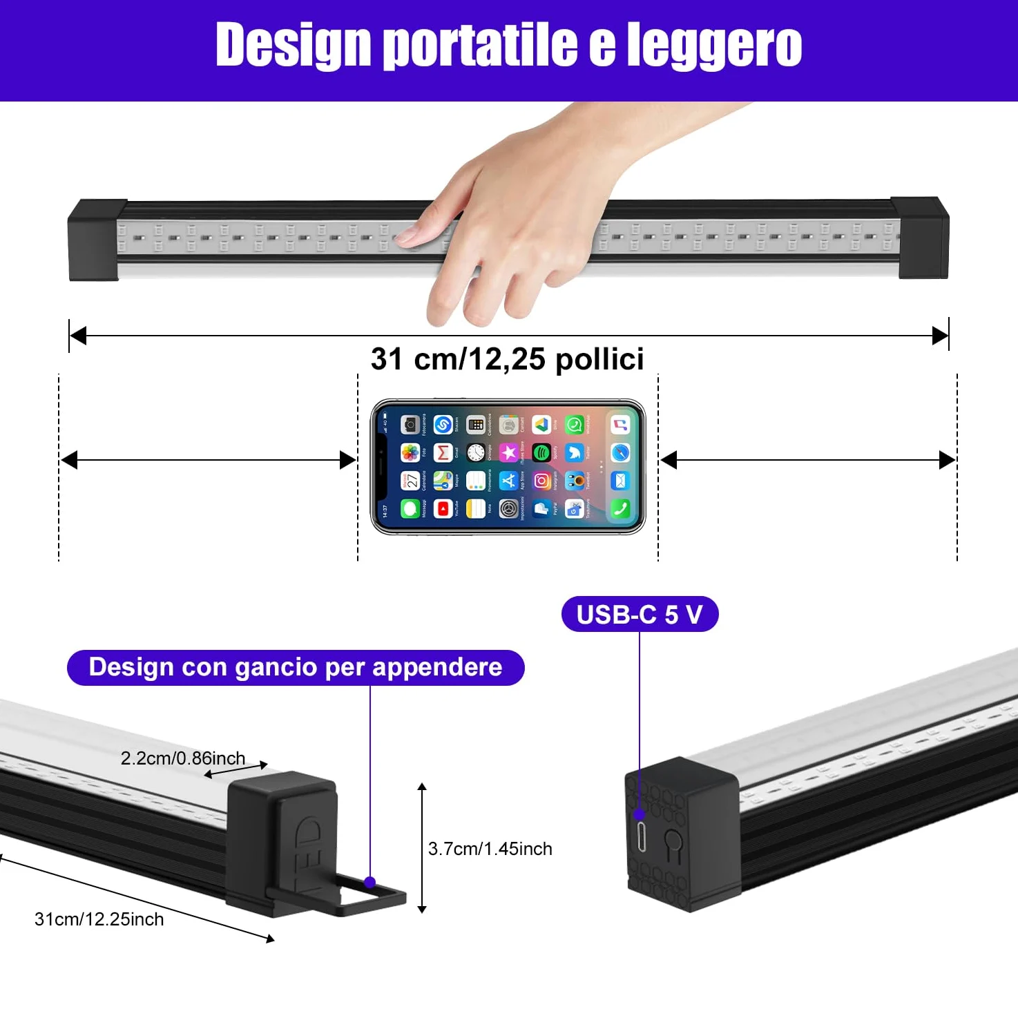 Luz Ultravioleta 10W USB Paquete de 2, 50 LEDs Luz UV Negra UV de 31 cm 395nm Portátil, Lámpara de Luces Negra, para Discoteca, Fiesta Neon, Decoración de Halloween