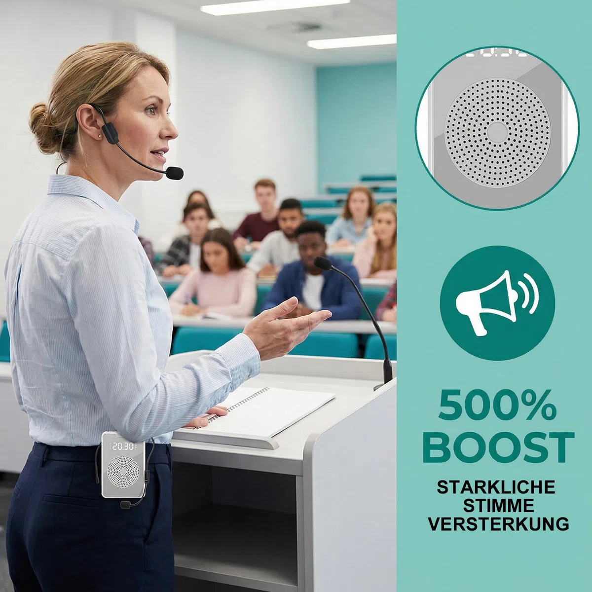 Amplificador de voz con micrófono inalámbrico, 4500 mAh, amplificador de voz portátil con función de grabación, altavoz recargable con espejo, reloj, cintura para profesores, entrenadores y guías